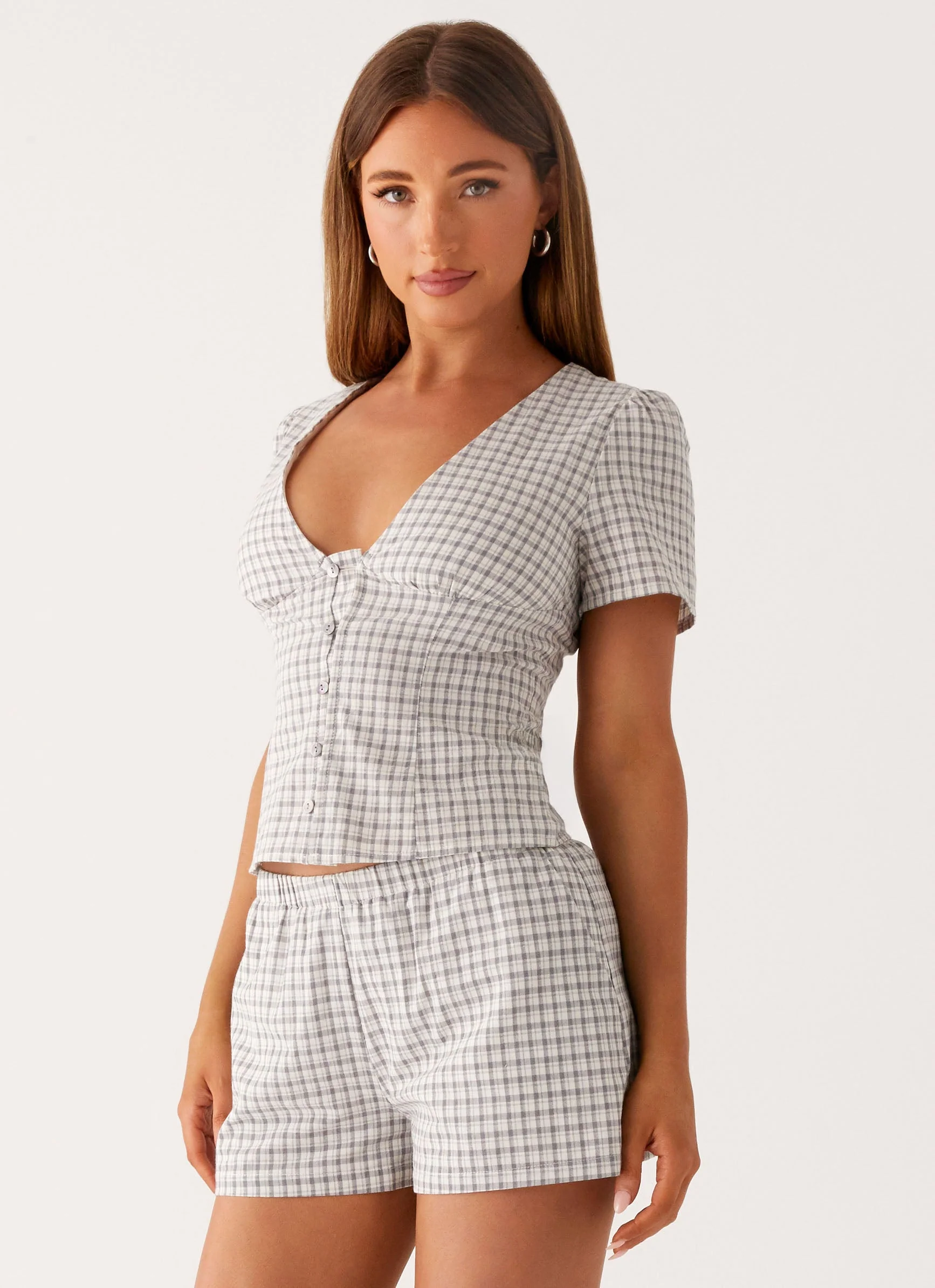 Adalina Button Up Top - Grey Check - Image 2