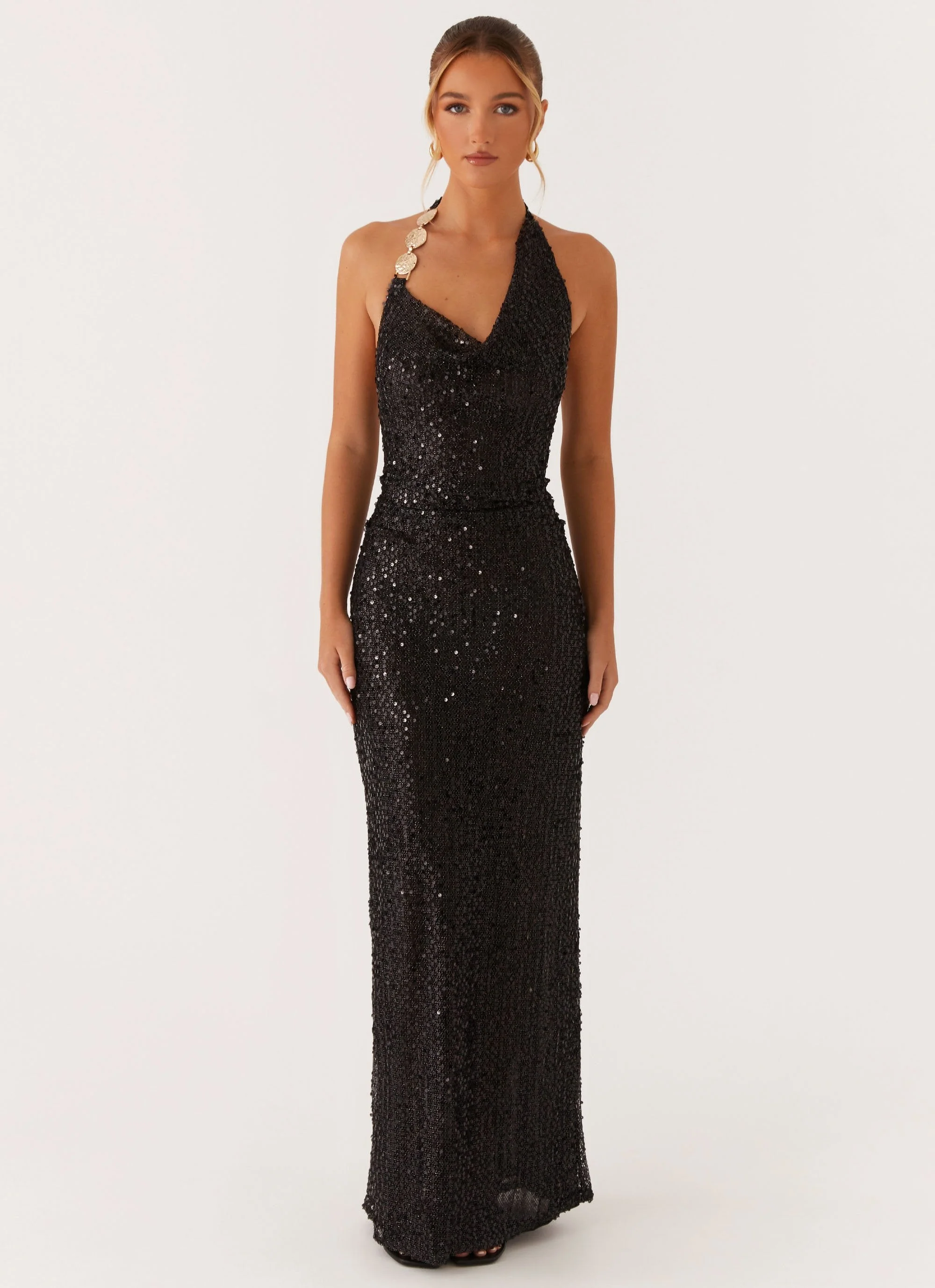 After Tonight Sequin Cowl Neck Maxi Dress - Black - Image 6