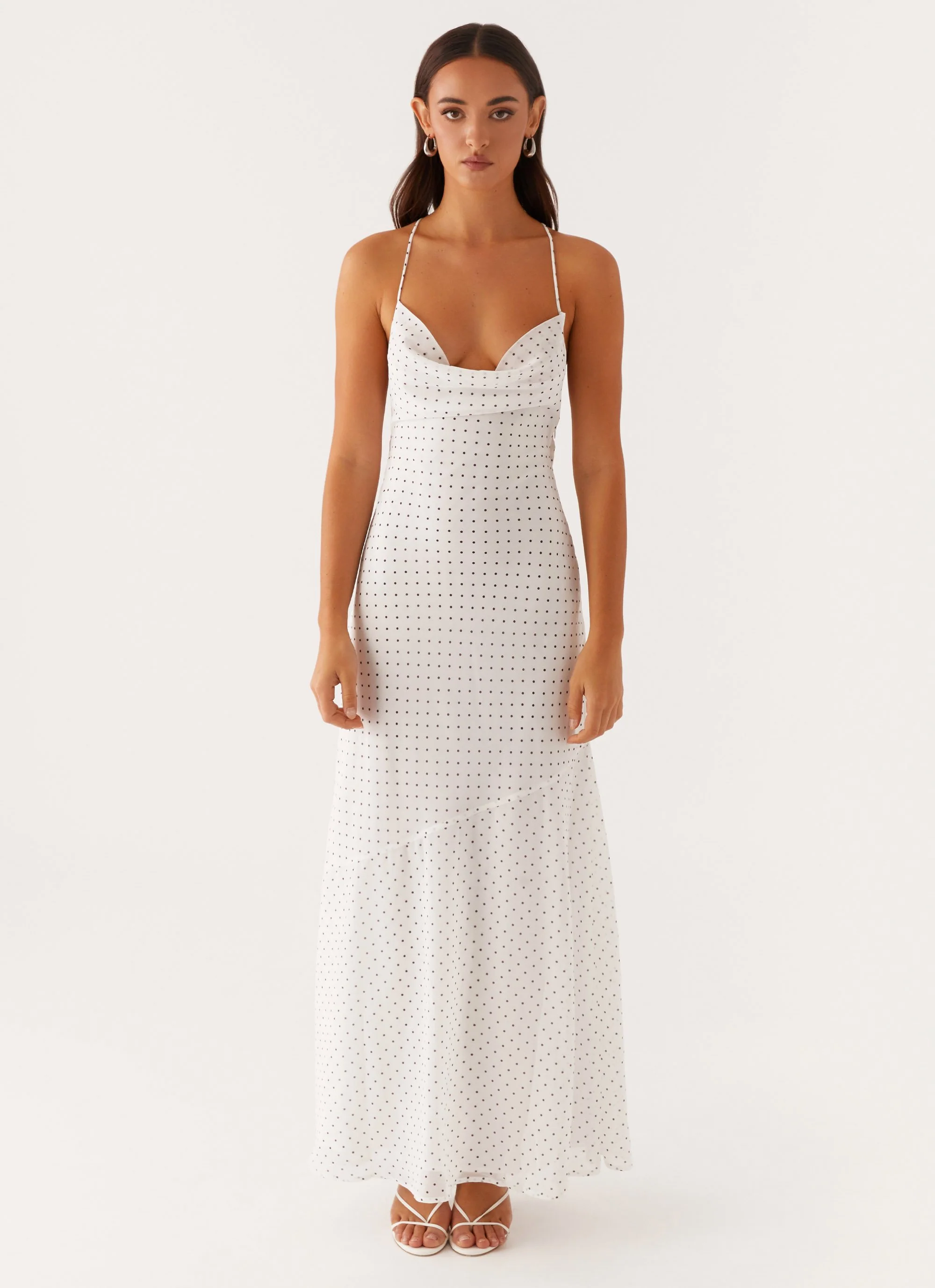 Alianna Cowl Neck Mesh Maxi Dress - White Polka Dot - Image 3