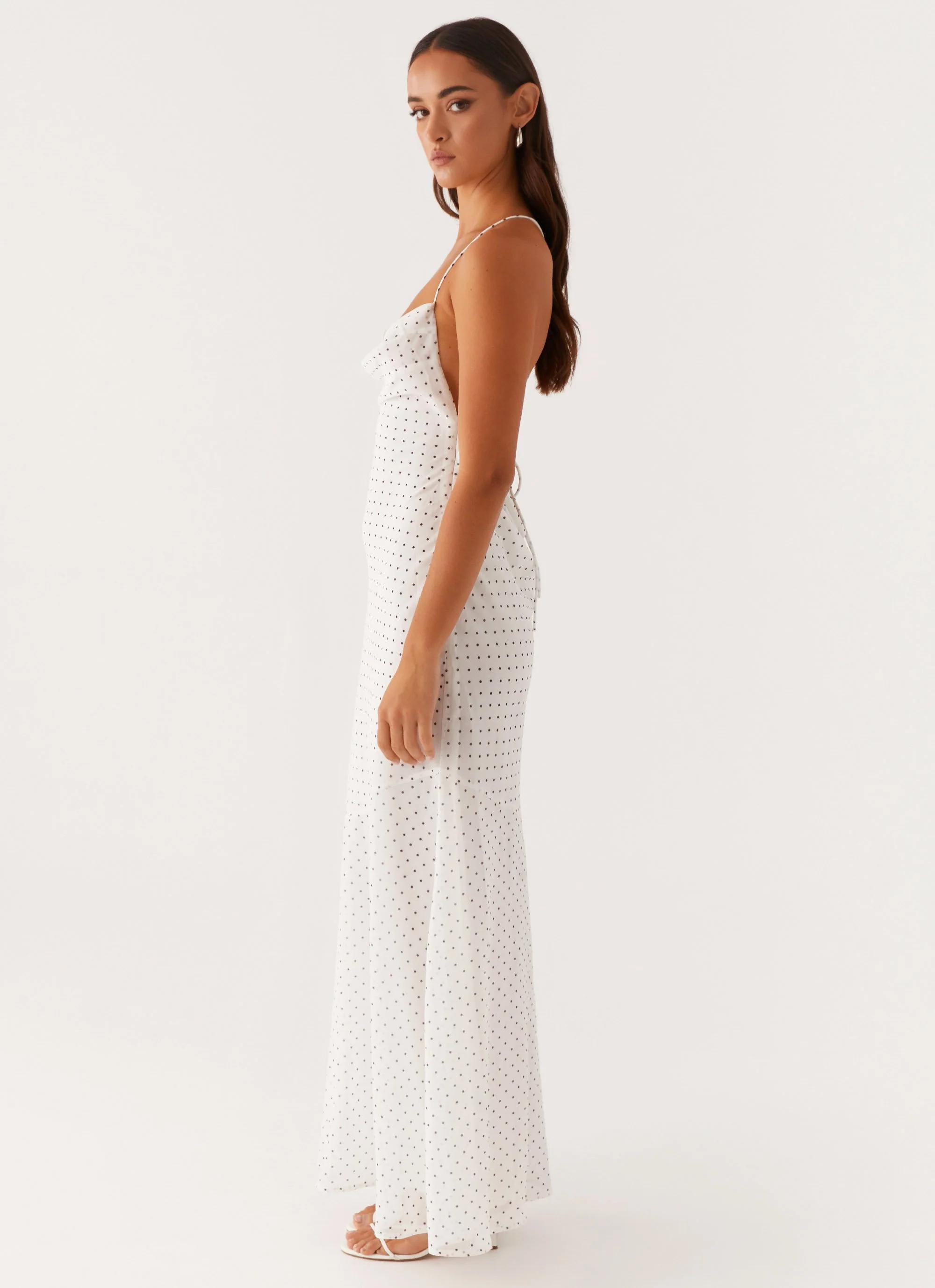 Alianna Cowl Neck Mesh Maxi Dress - White Polka Dot - Image 4