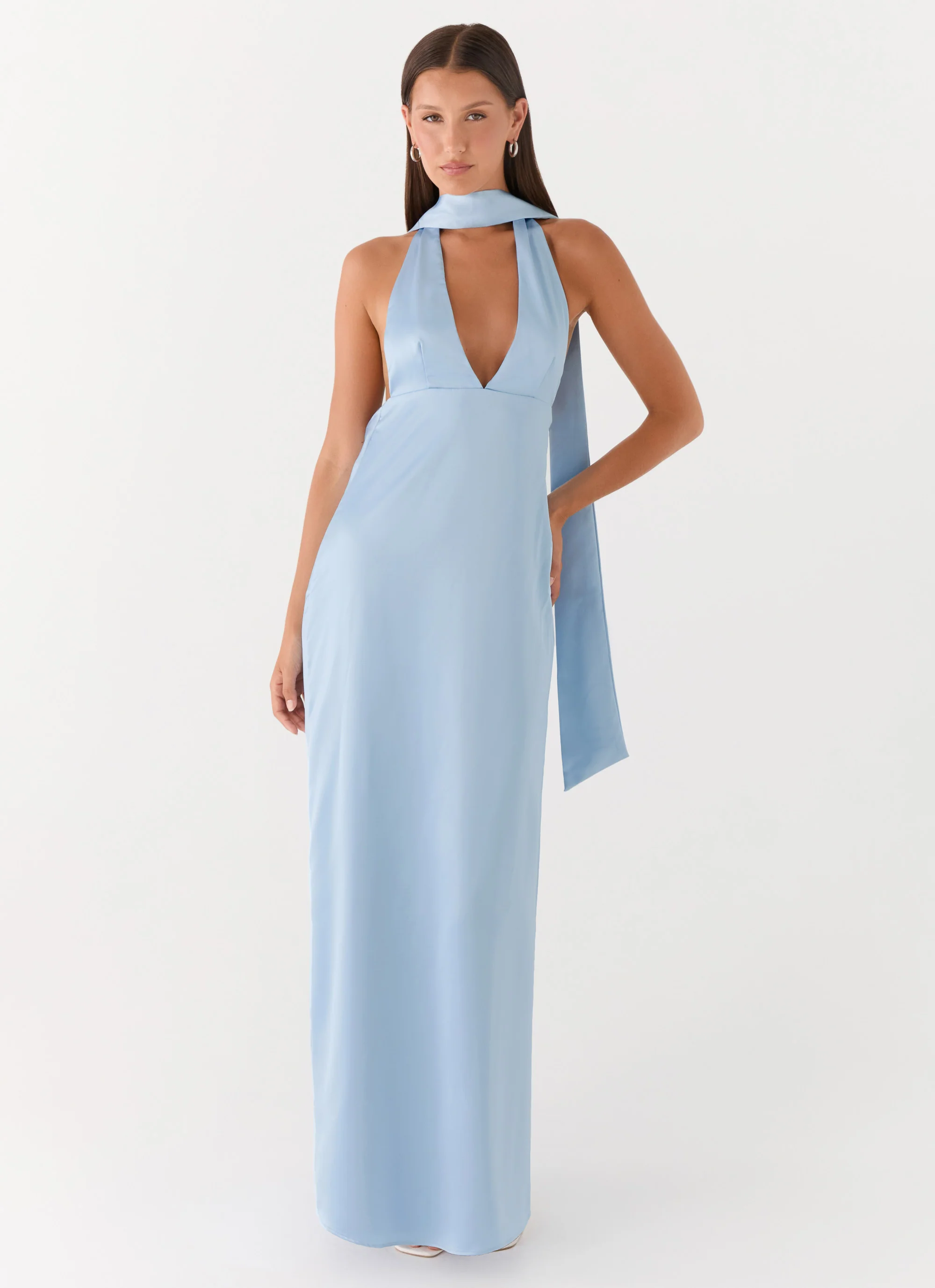 Alicia Satin Halter Maxi Dress - Baby Blue - Image 5