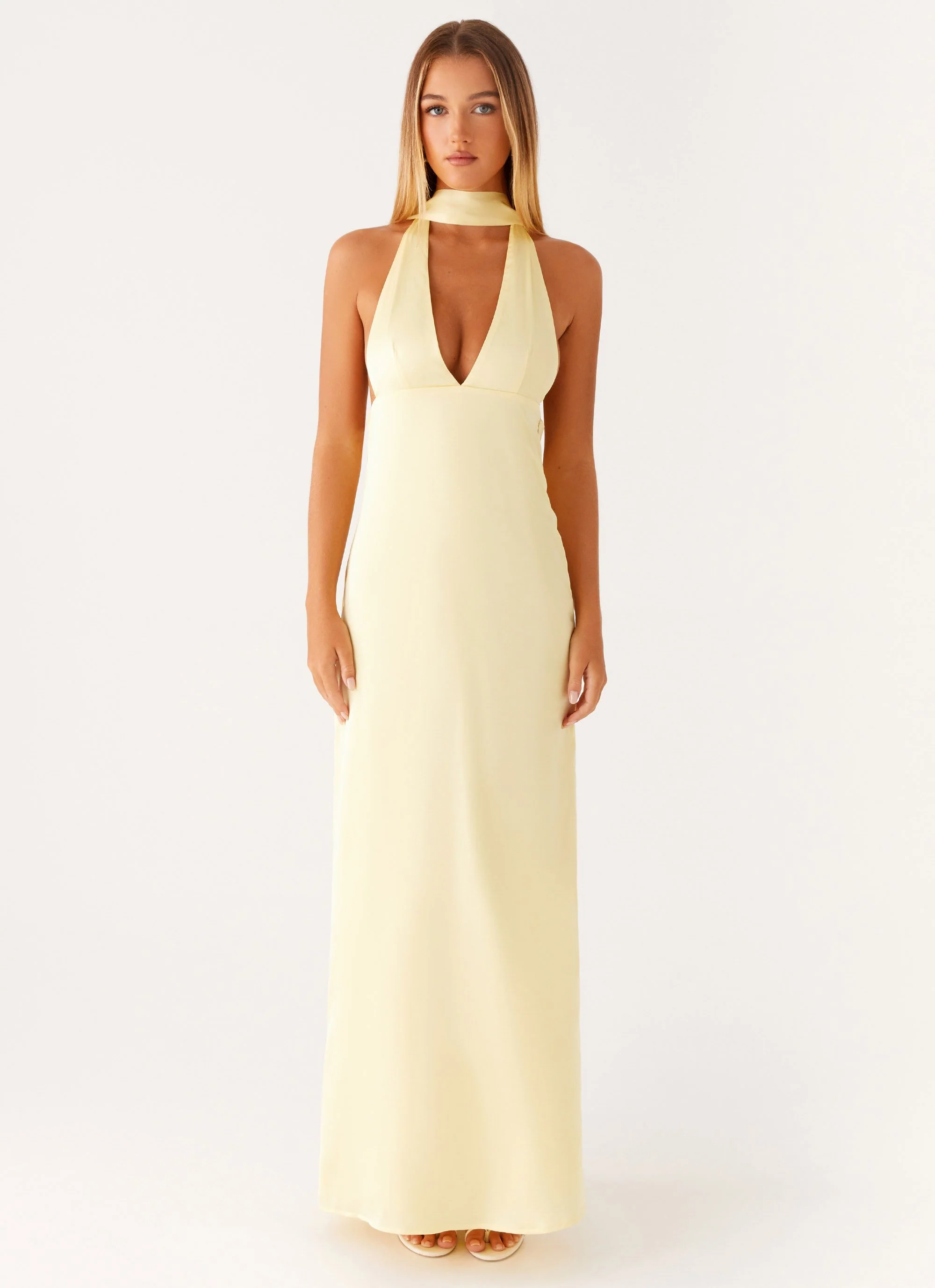 Alicia Satin Halter Maxi Dress - Yellow - Image 2