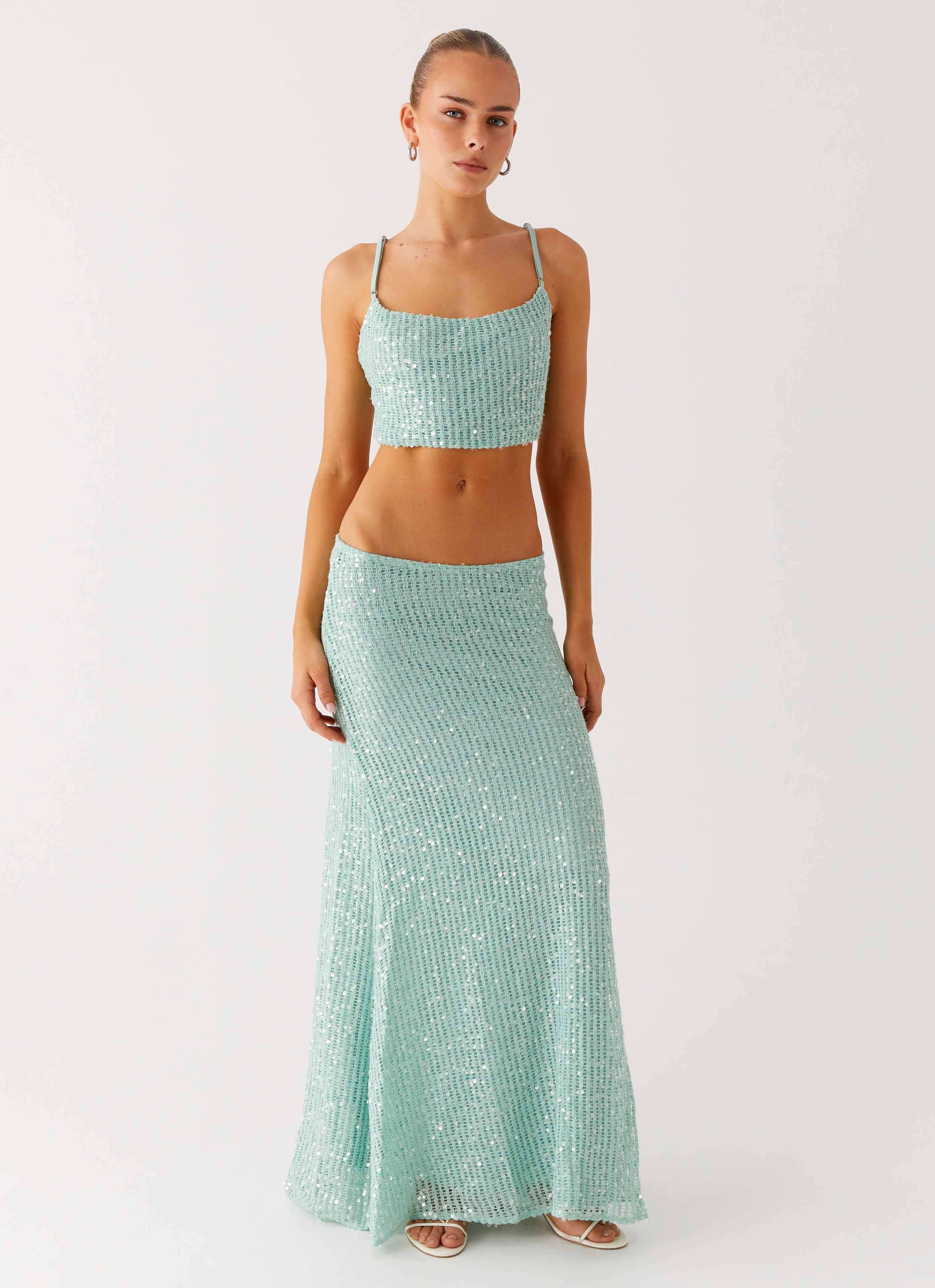 Amoura Sequin Low Rise Maxi Skirt - Mint Sage - Image 6