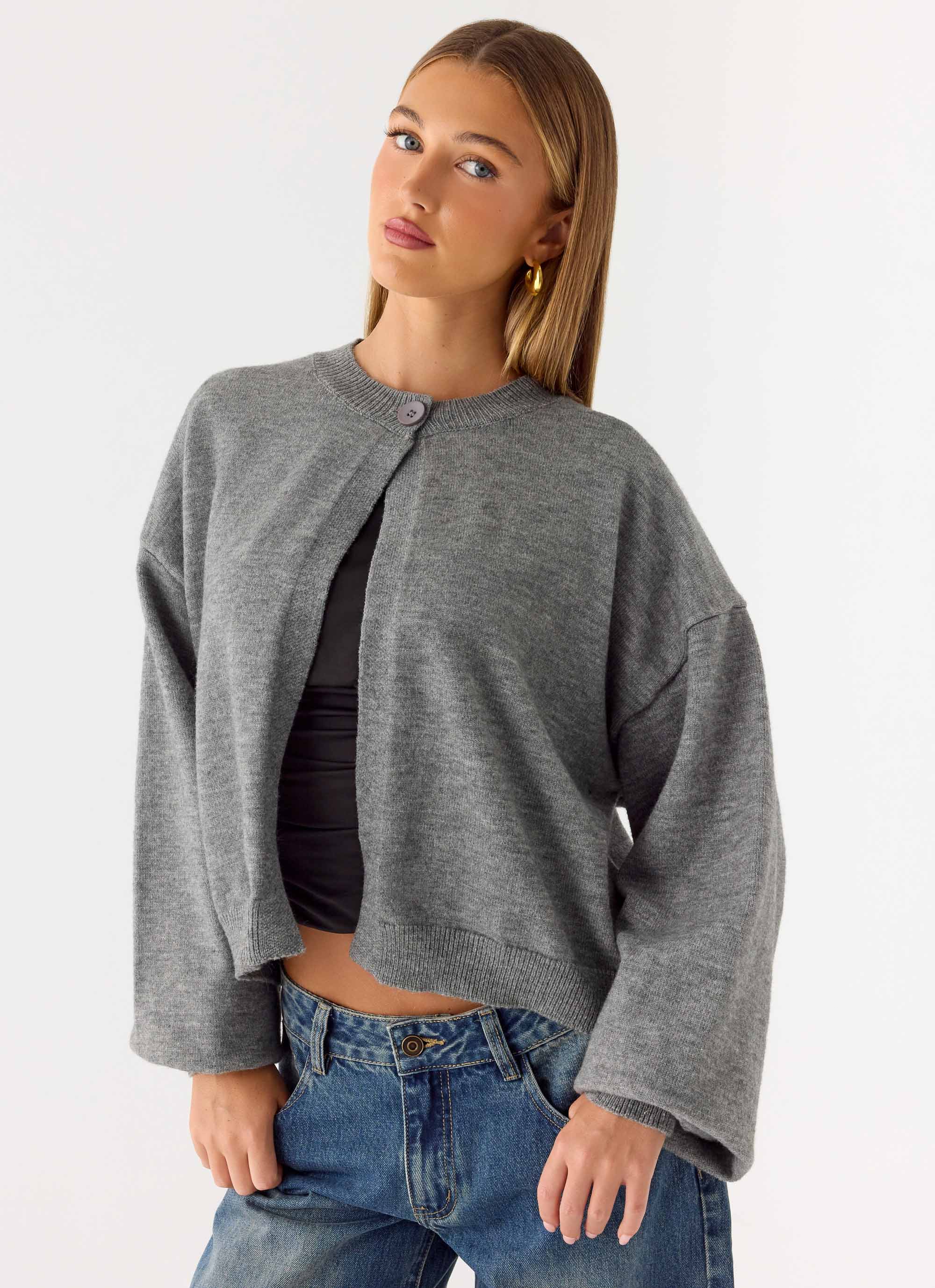 Annie One Button Cardigan - Marle Grey - Image 6