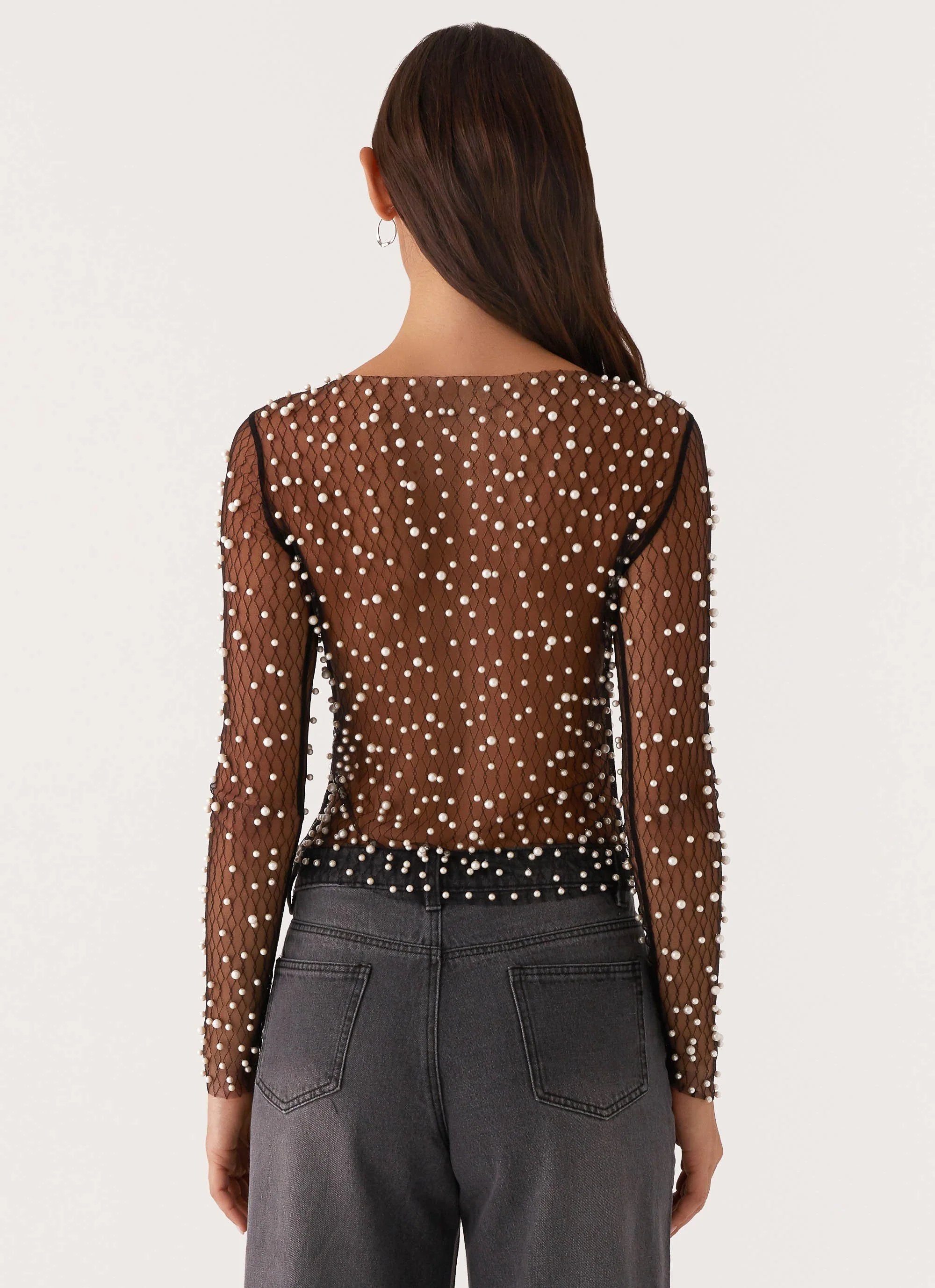 Another Universe Long Sleeve Pearl Top - Black - Image 2