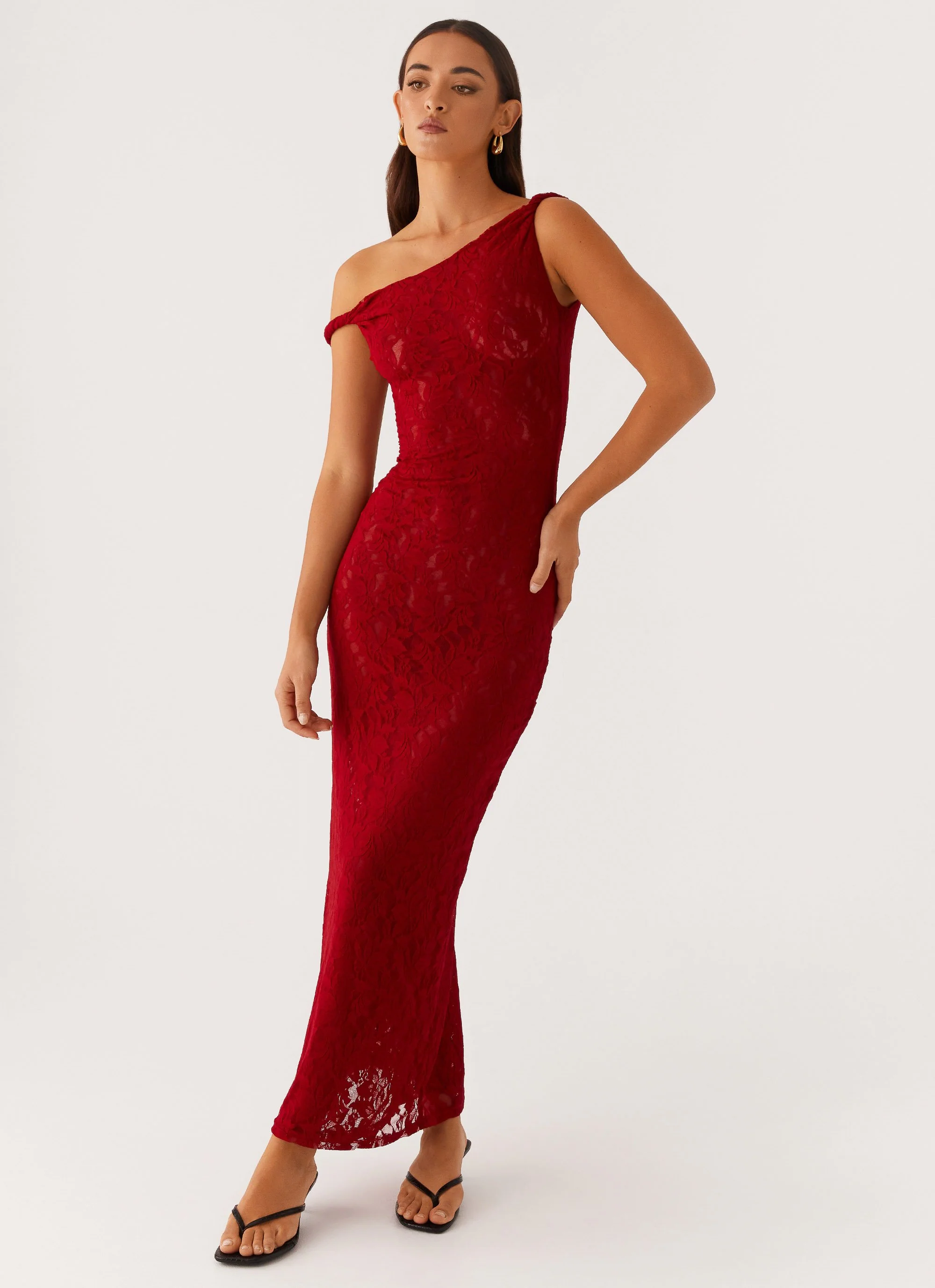 Arabella Twist Shoulder Maxi Dress - Maroon - Image 5
