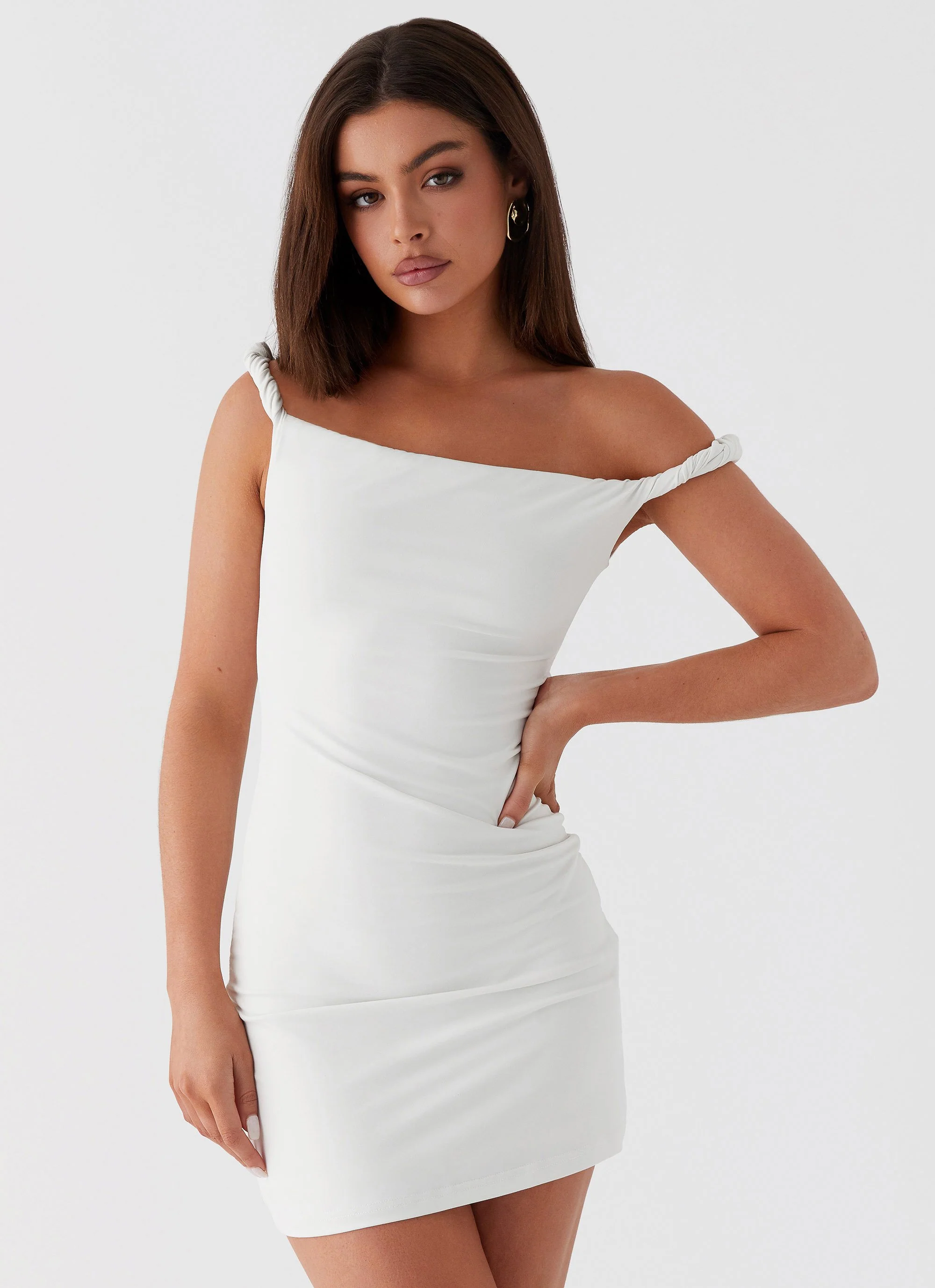Arabella Twist Shoulder Mini Dress - Ivory - Image 5