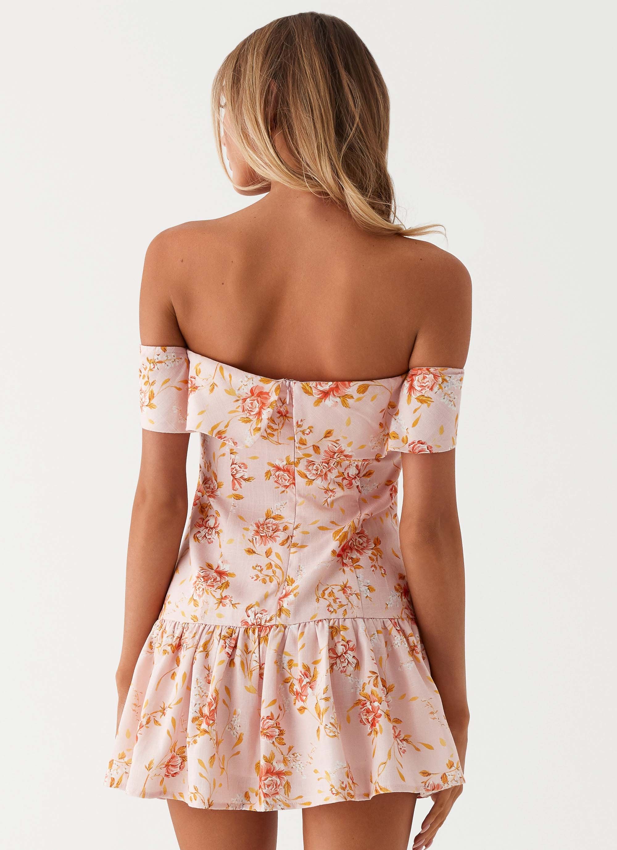 Aries Off Shoulder Linen Mini Dress - Pink Floral - Image 4