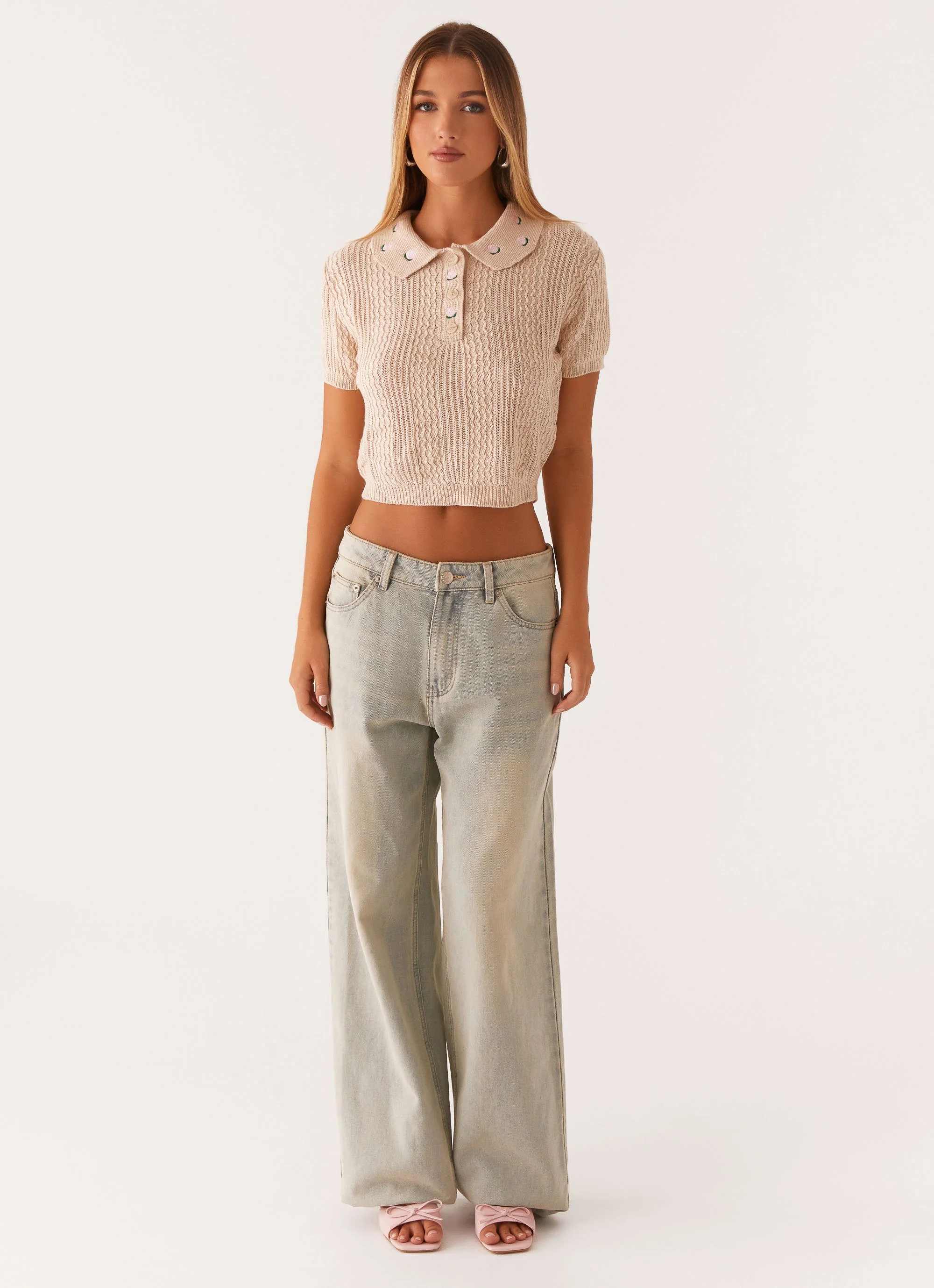 Aubrielle Knit Collar Top - Cream - Image 2