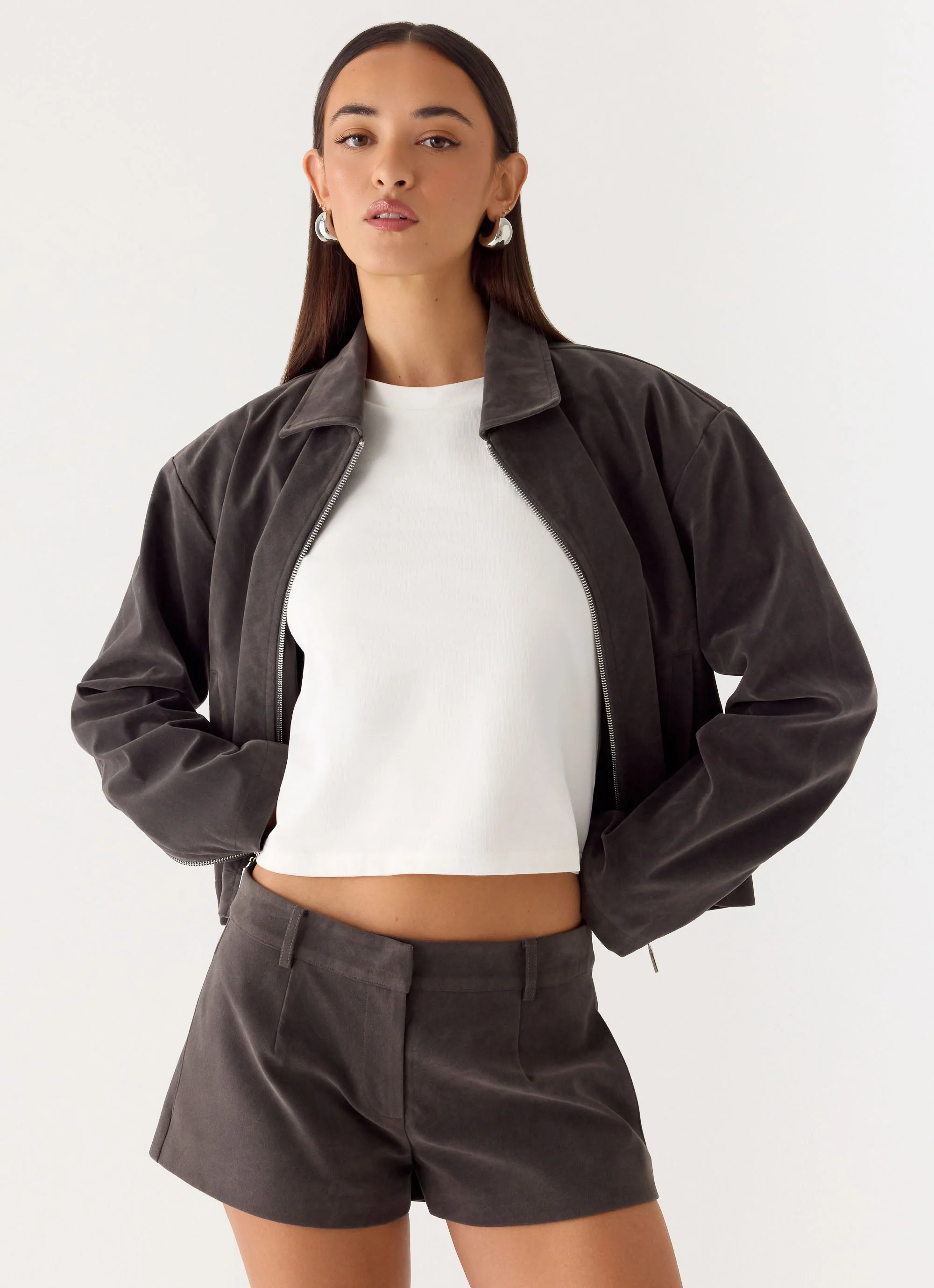 Austina Faux Suede Boxy Jacket - Tan Grey - Image 5