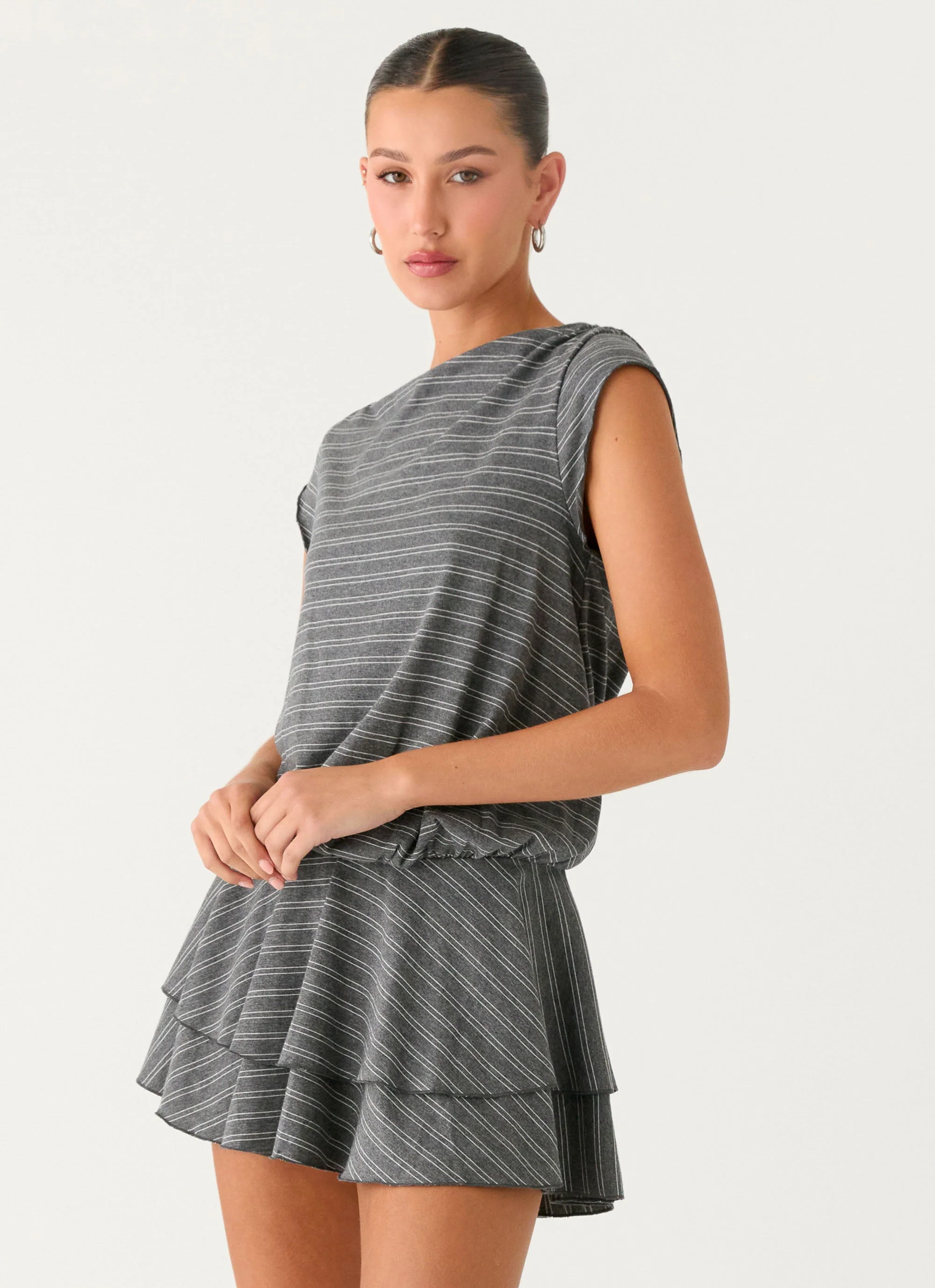 Bambola Wide Neck Mini Dress - Grey Marle Stripe - Image 5