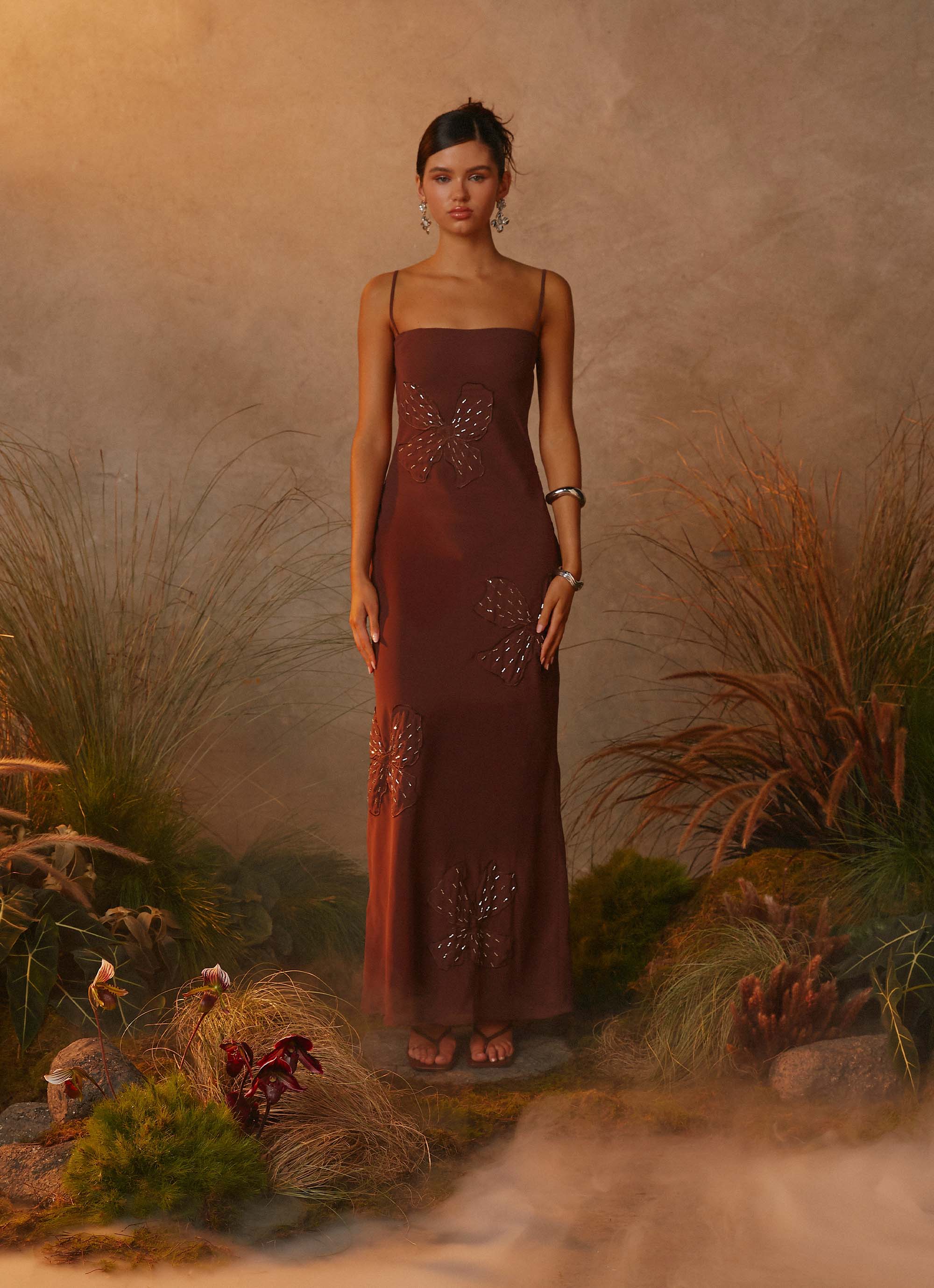 Bayla Beaded Flower Maxi Dress - Chocolate - Image 3