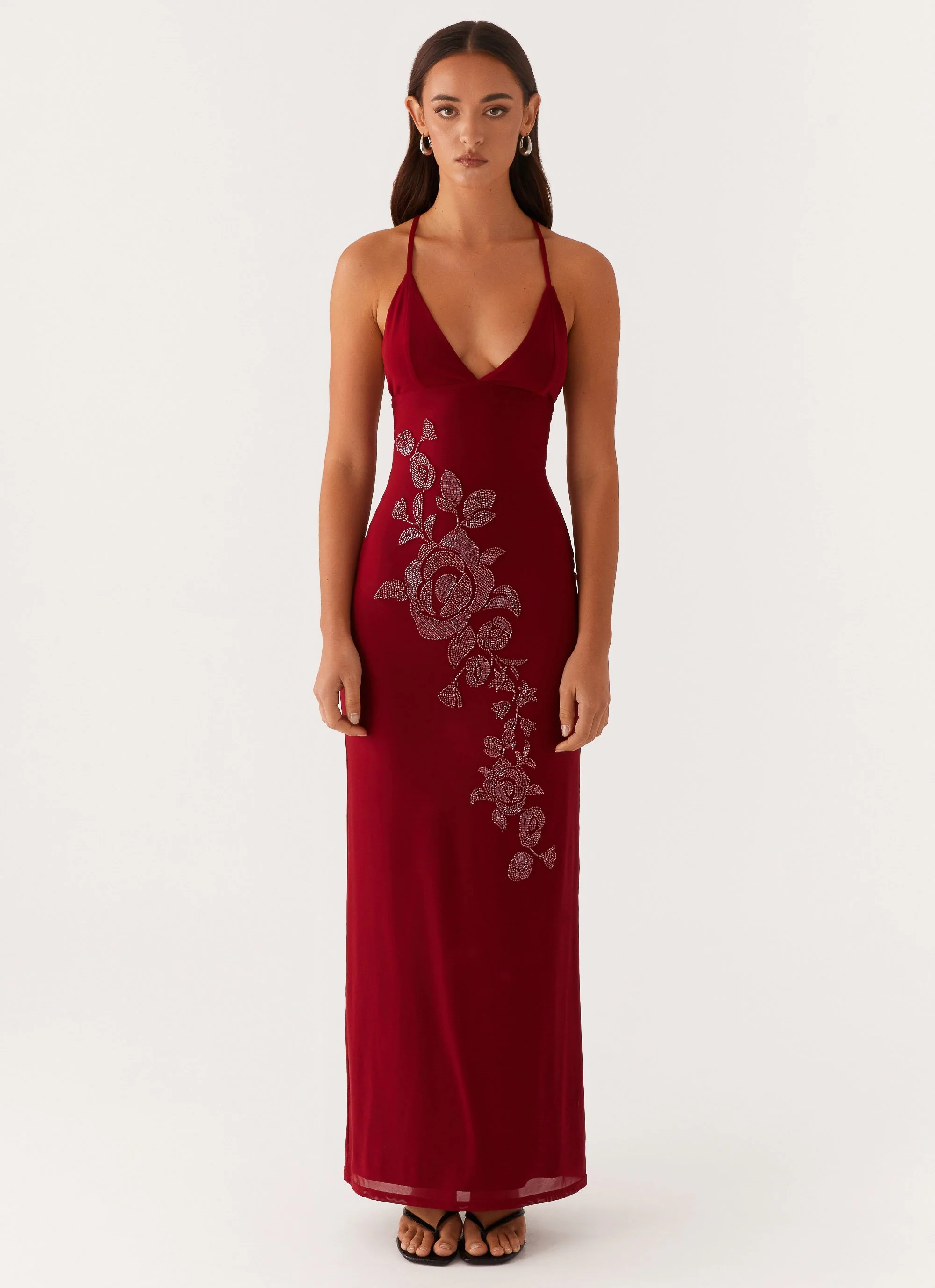 Beki Beaded Mesh Maxi Dress - Deep Red - Image 2