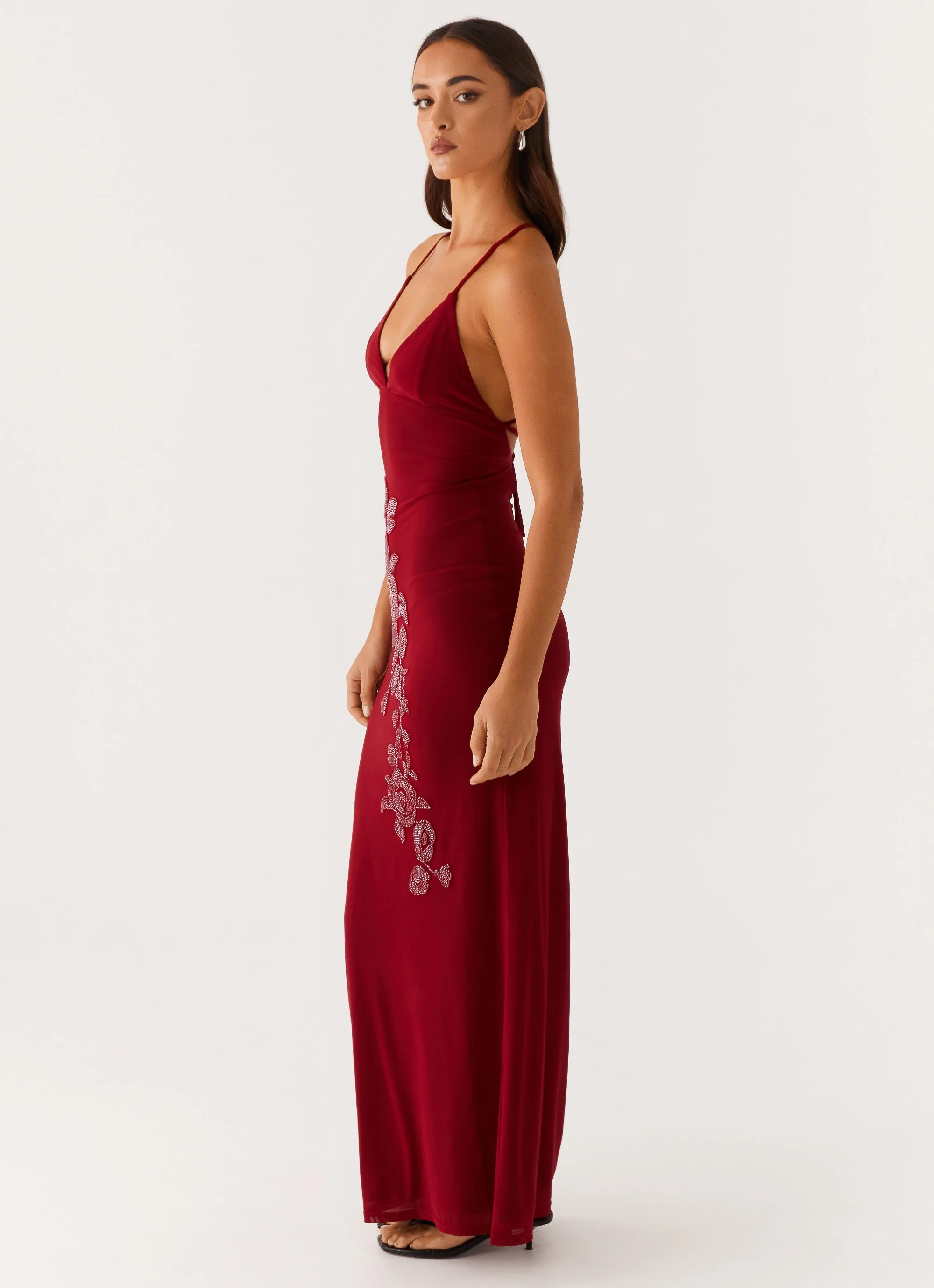 Beki Beaded Mesh Maxi Dress - Deep Red - Image 3