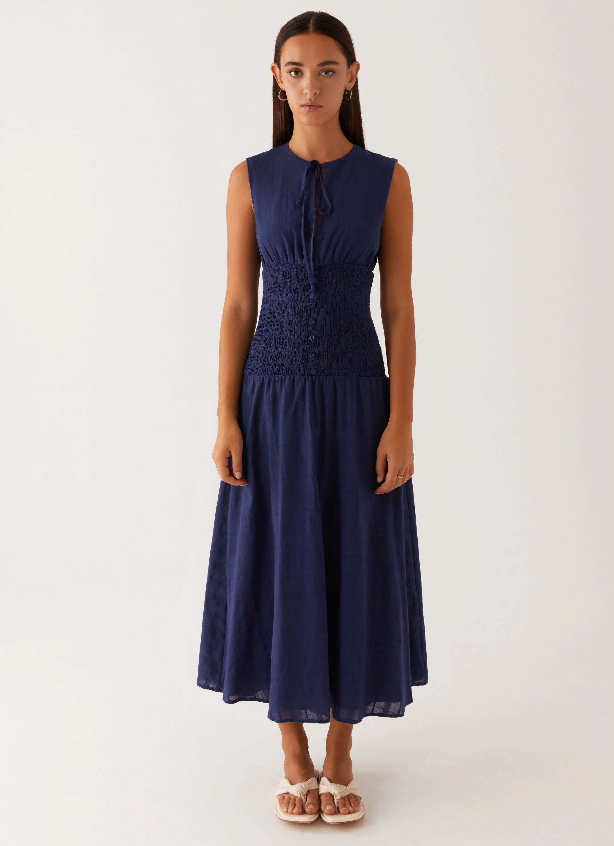 Belle Shirred Waist Midi Dress - Navy - Image 2
