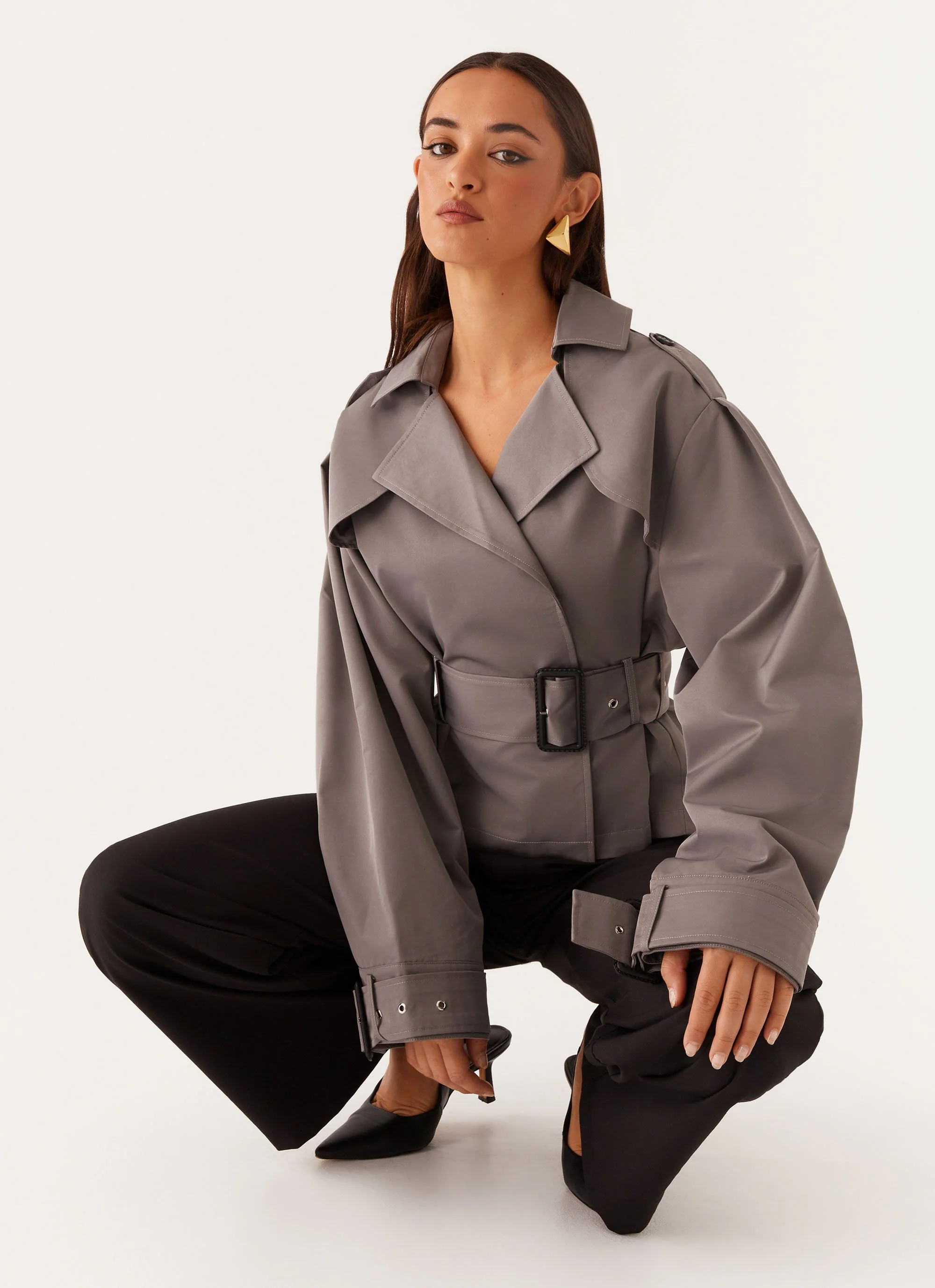 Boston Cropped Trench Coat - Charcoal - Image 3