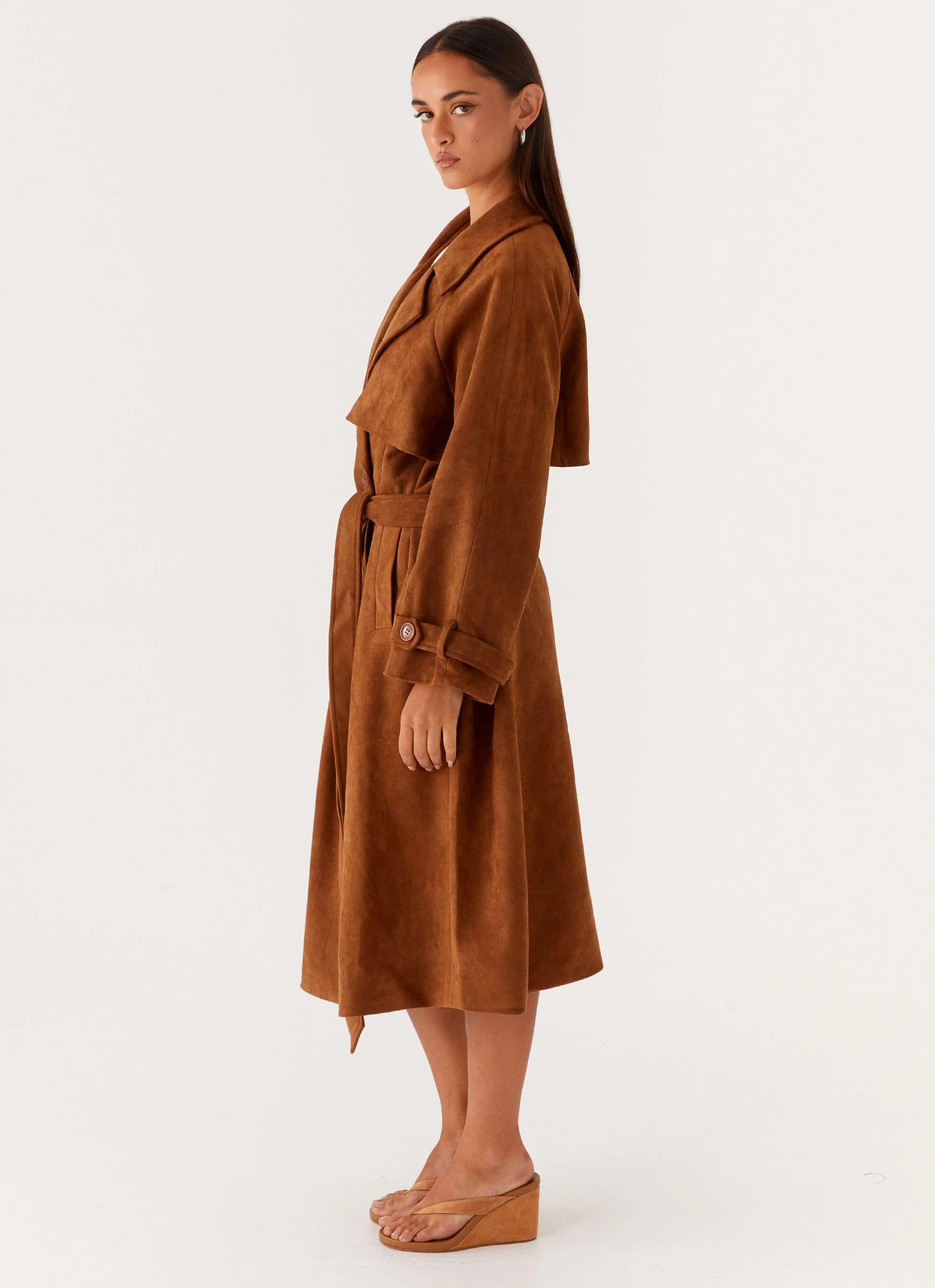 Bridie Faux Suede Trench Coat - Brown - Image 3