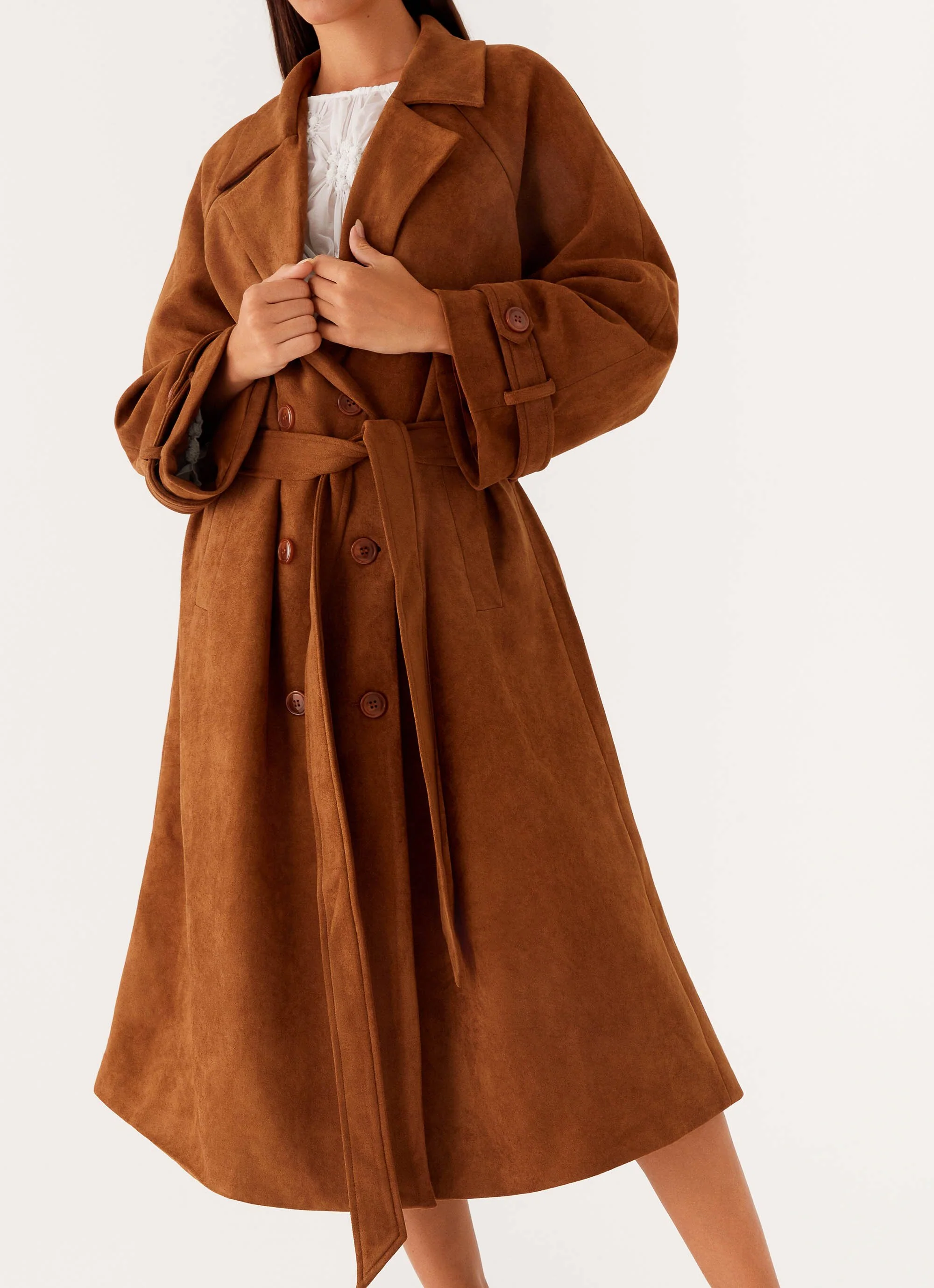 Bridie Faux Suede Trench Coat - Brown - Image 5