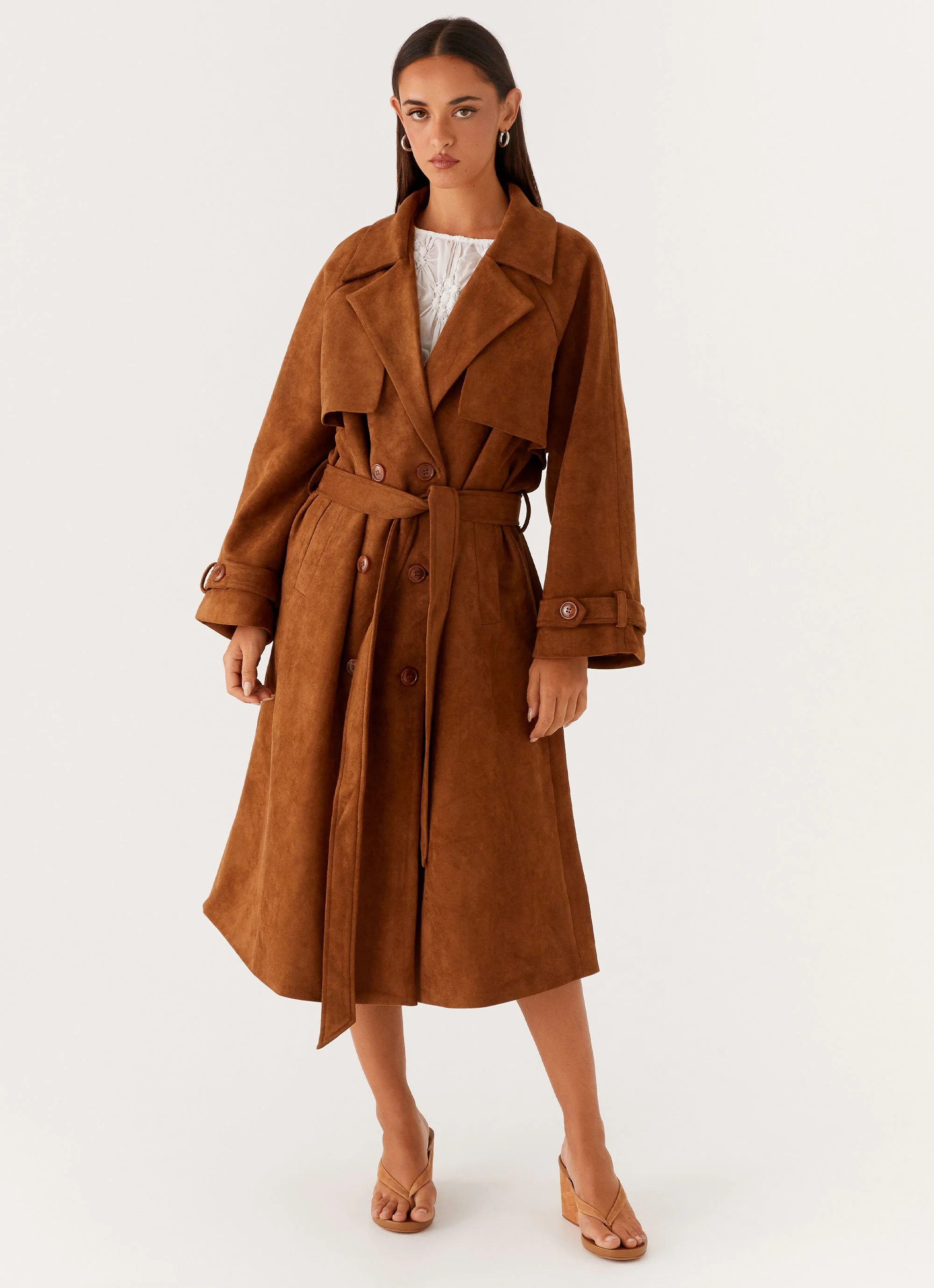 Bridie Faux Suede Trench Coat - Brown - Image 6