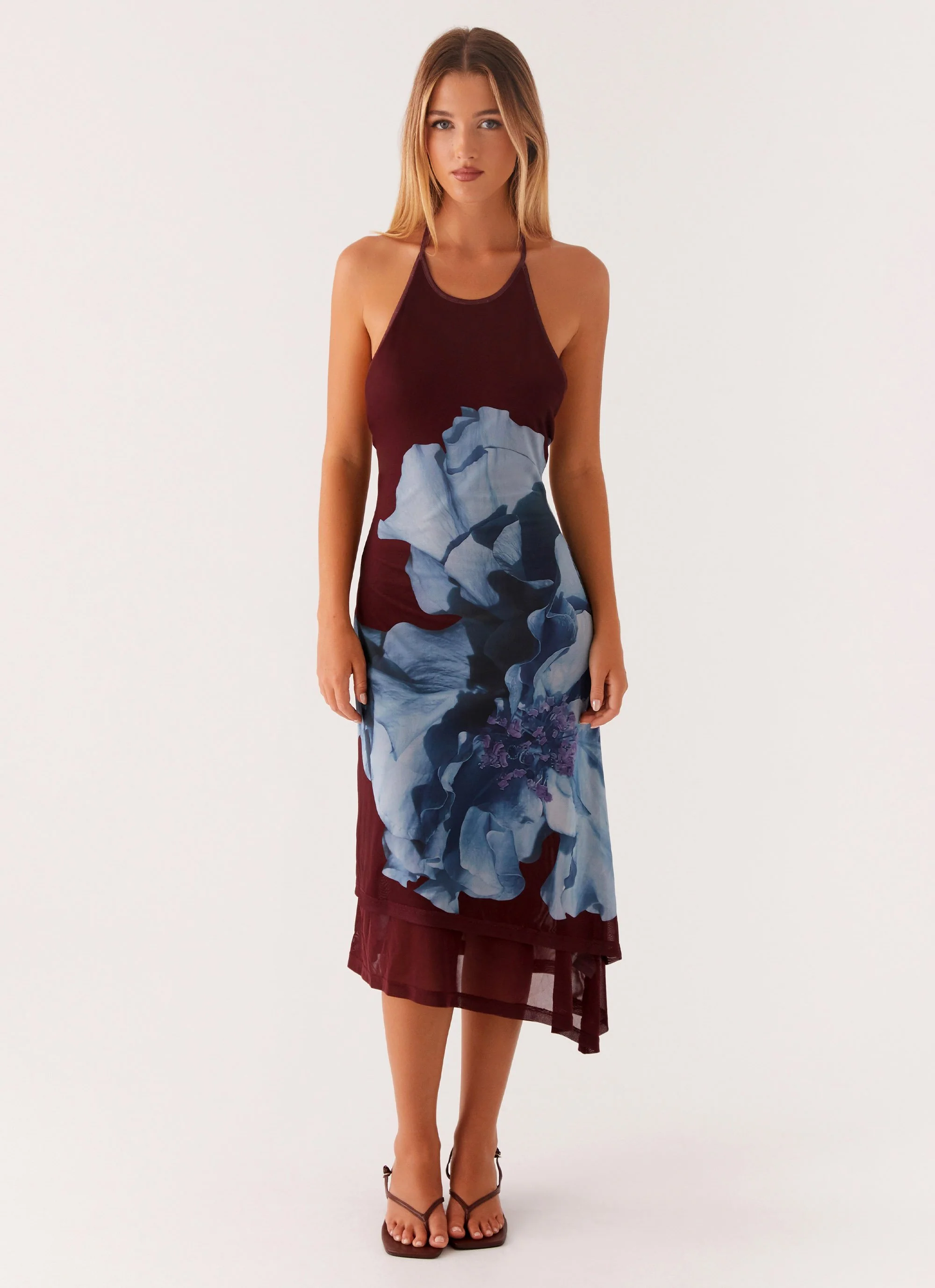 Brinley Halterneck Midi Dress - Maroon Print - Image 2
