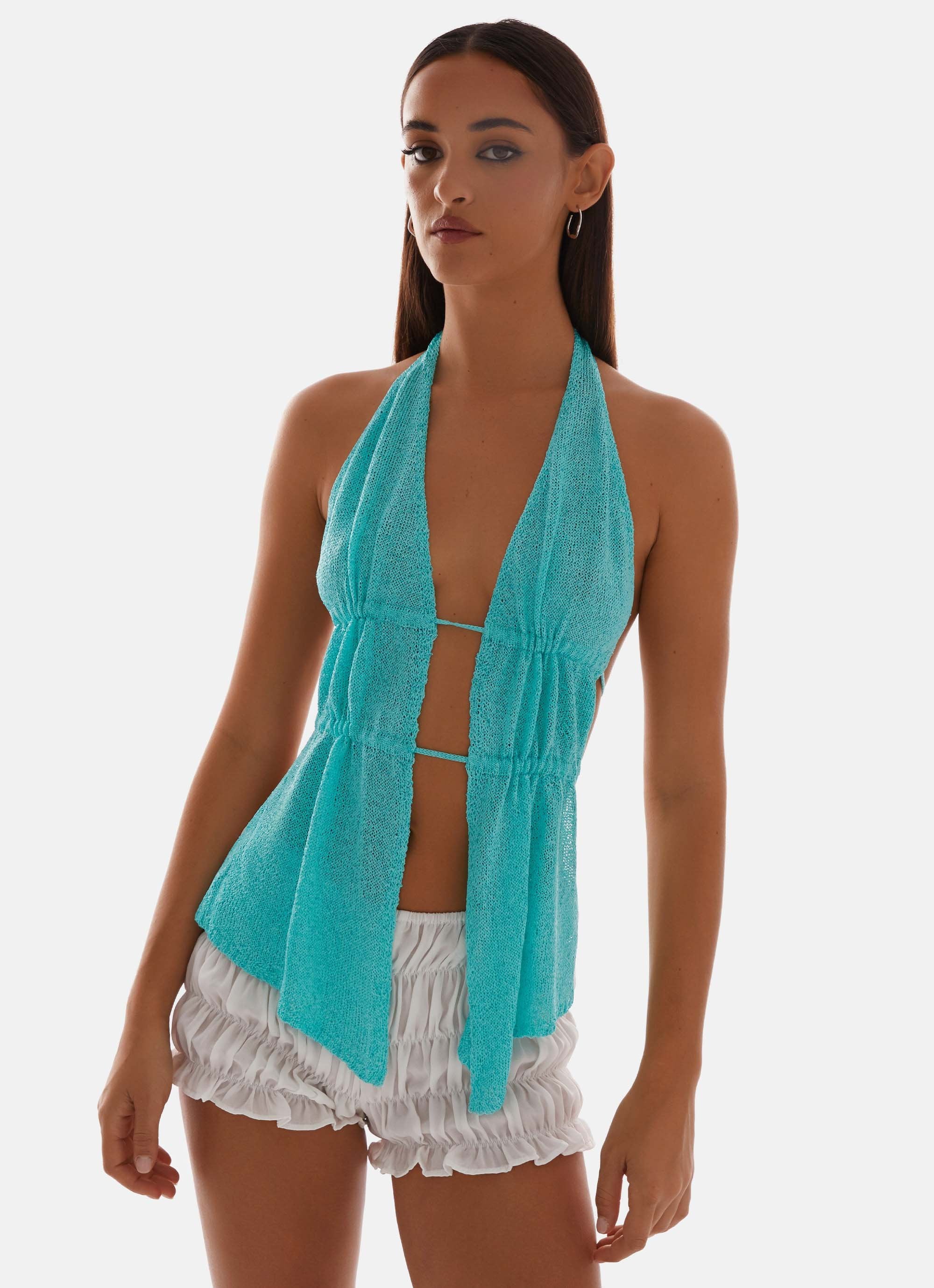 Callie Ruched Halterneck Top - Turquoise - Image 5