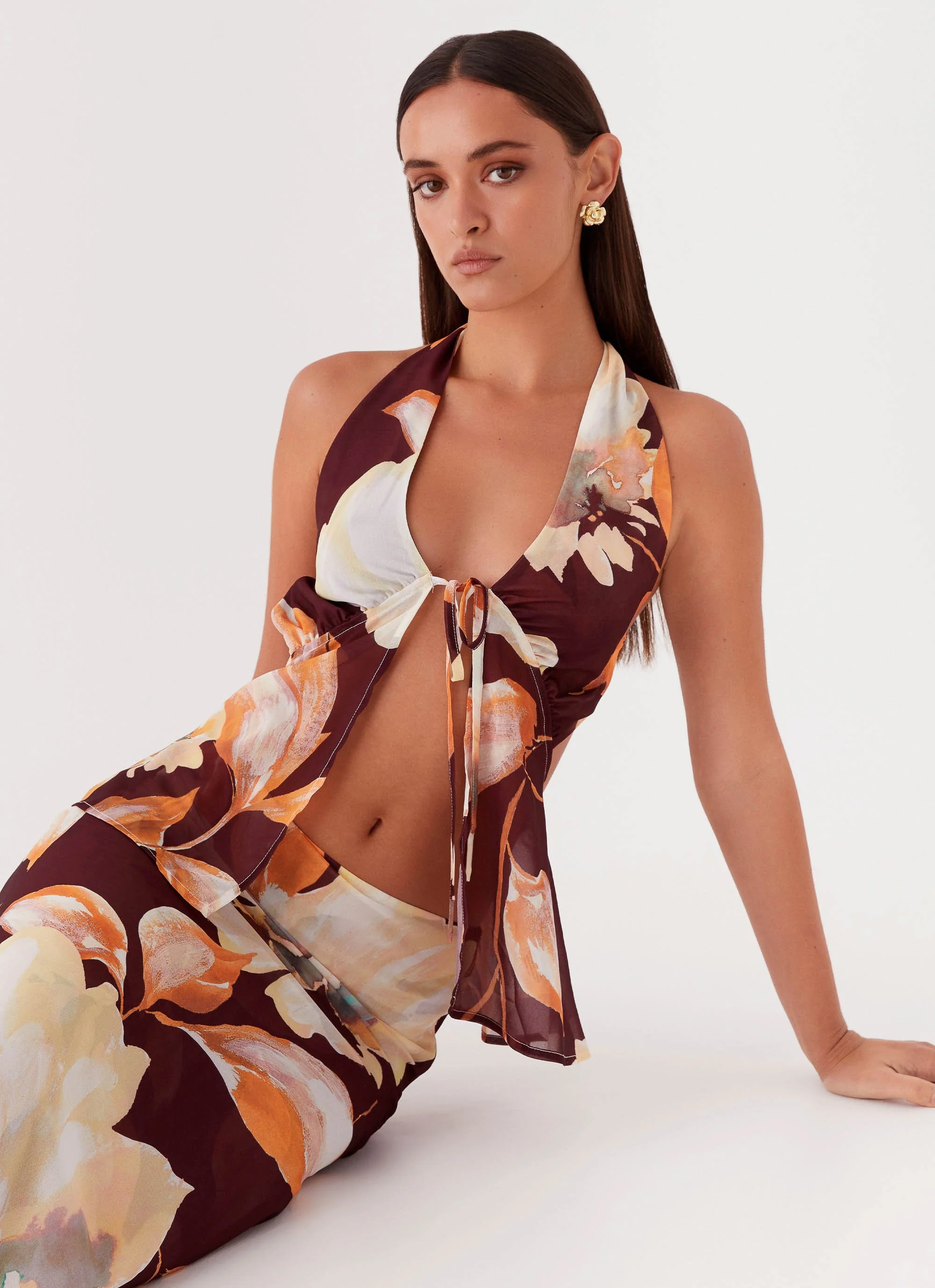 Camellia Halterneck Top - Brown Floral - Image 6