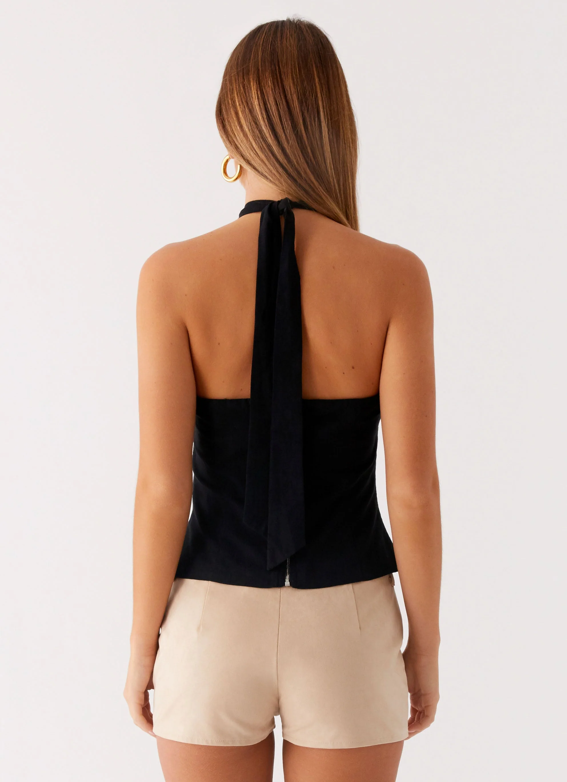 Catch Me Later Linen Halter Top - Black - Image 4