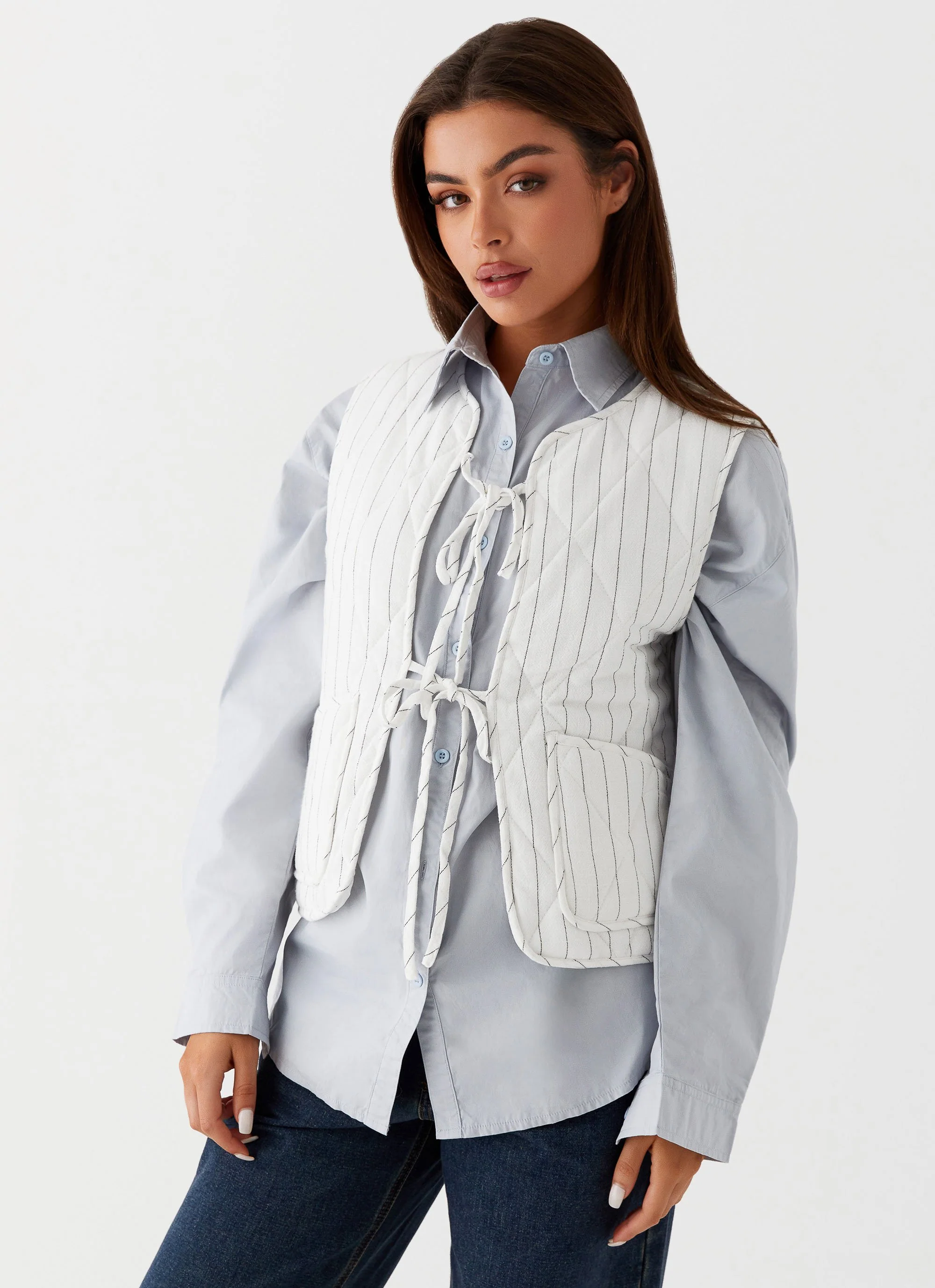 Celini Quilted Vest - White Pinstripe - Image 4