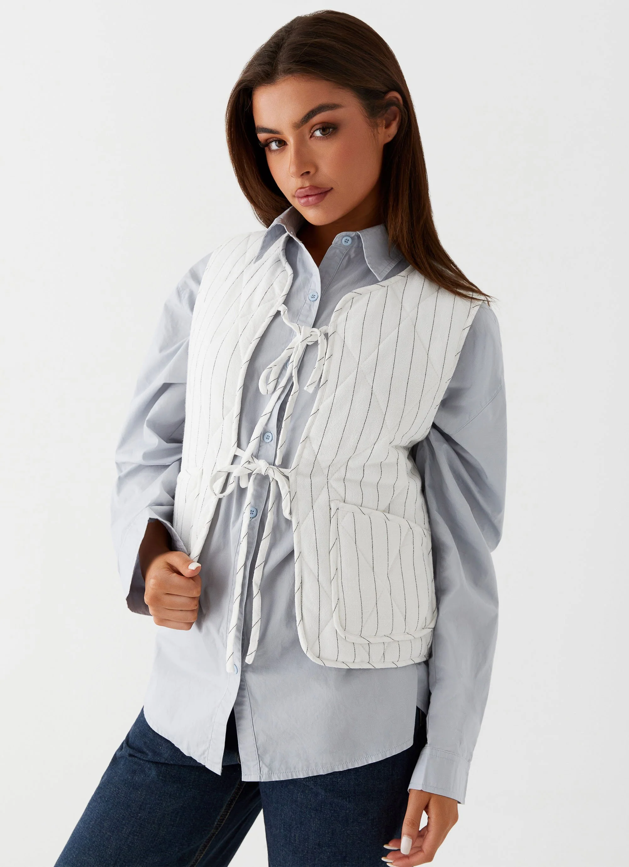 Celini Quilted Vest - White Pinstripe - Image 5
