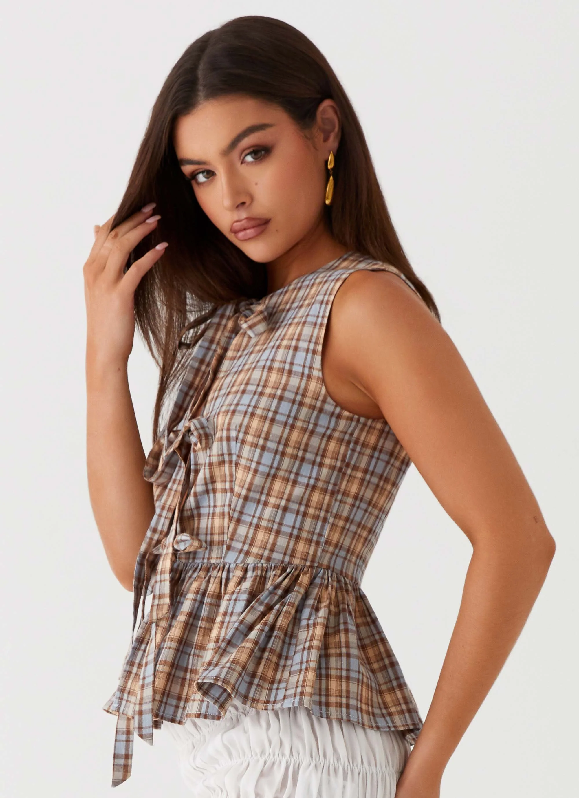 Cyrene Tie Top - Brown Check - Image 3