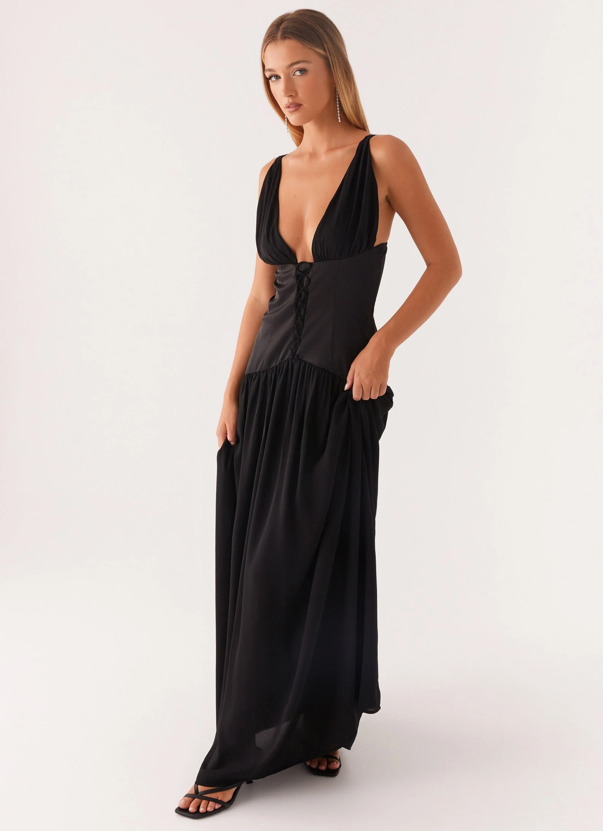 Dafina Satin Maxi Dress - Black - Image 5
