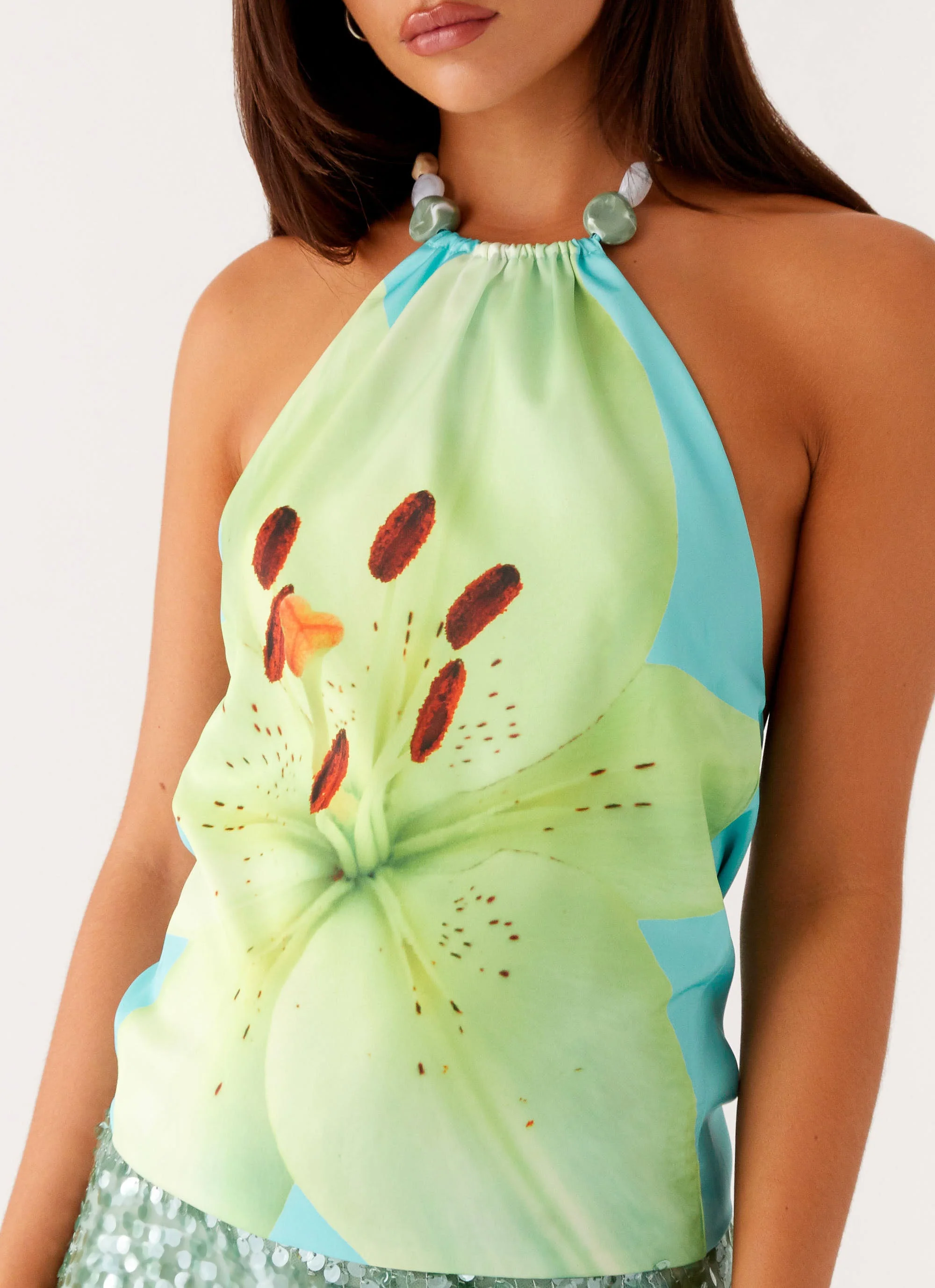 Dalila Beaded Tie Back Top - Turquoise Floral - Image 6