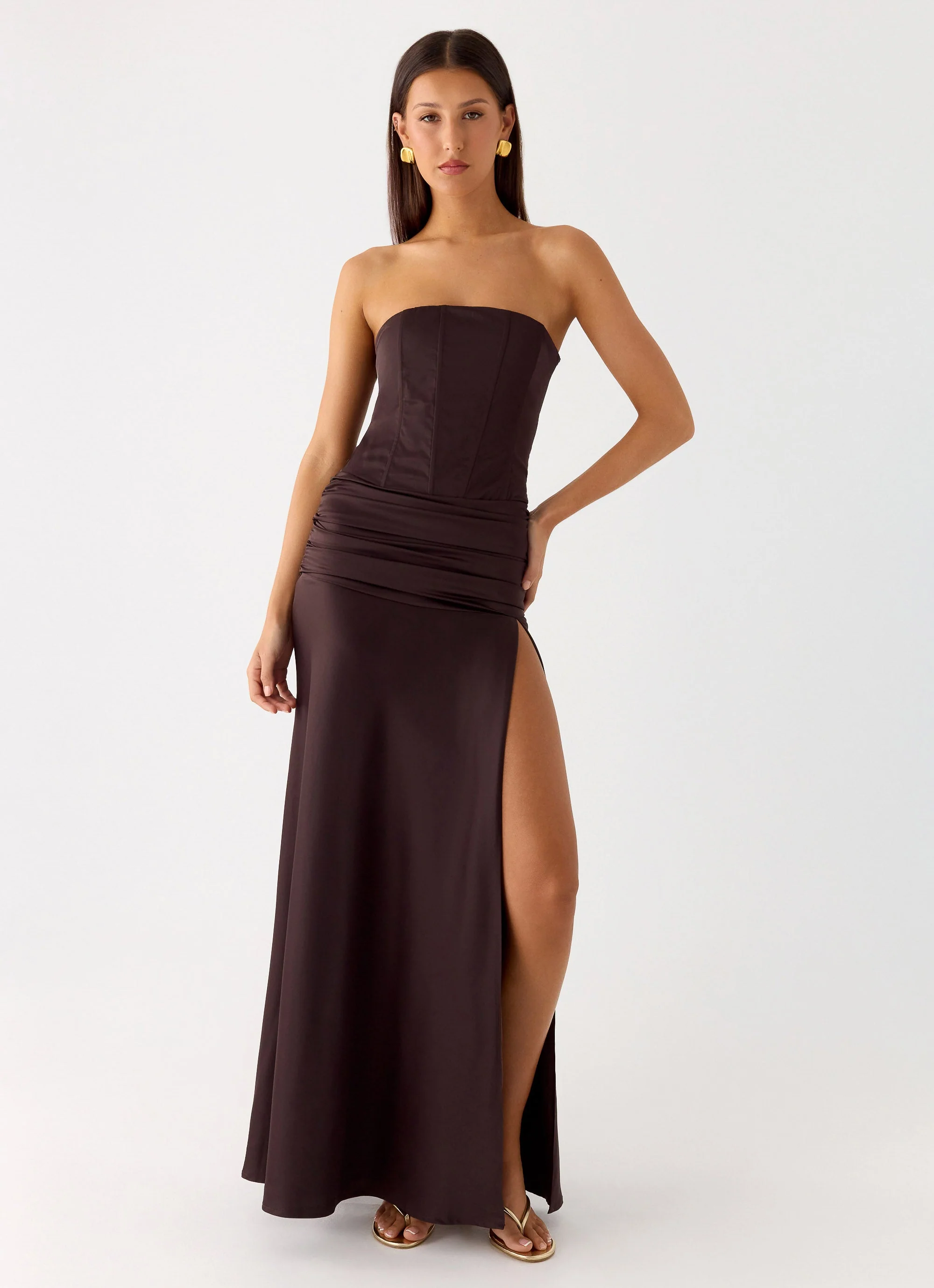 Darana Corset Satin Maxi Dress - Chocolate - Image 5