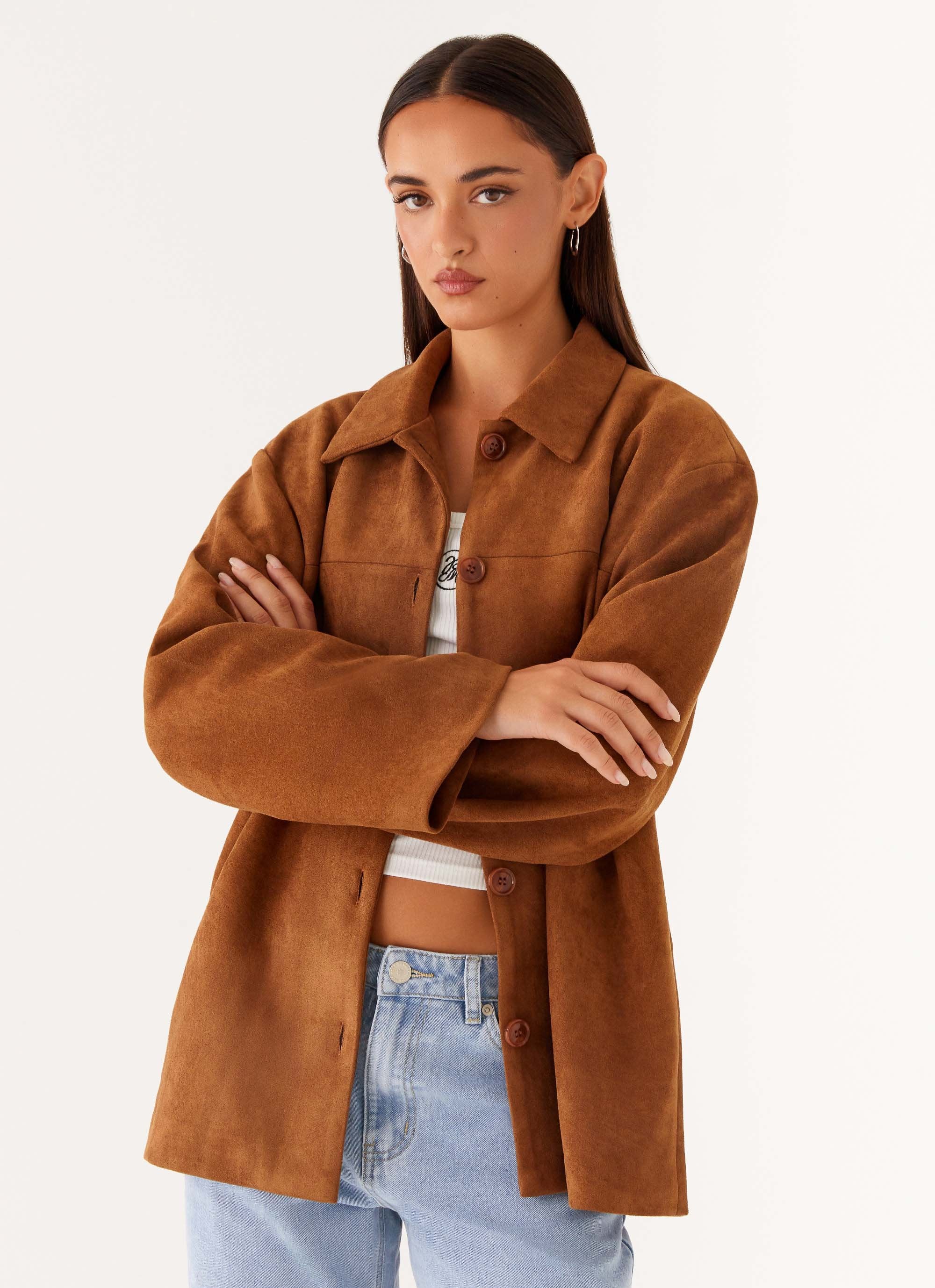 Devika Faux Suede Boxy Jacket - Brown - Image 8