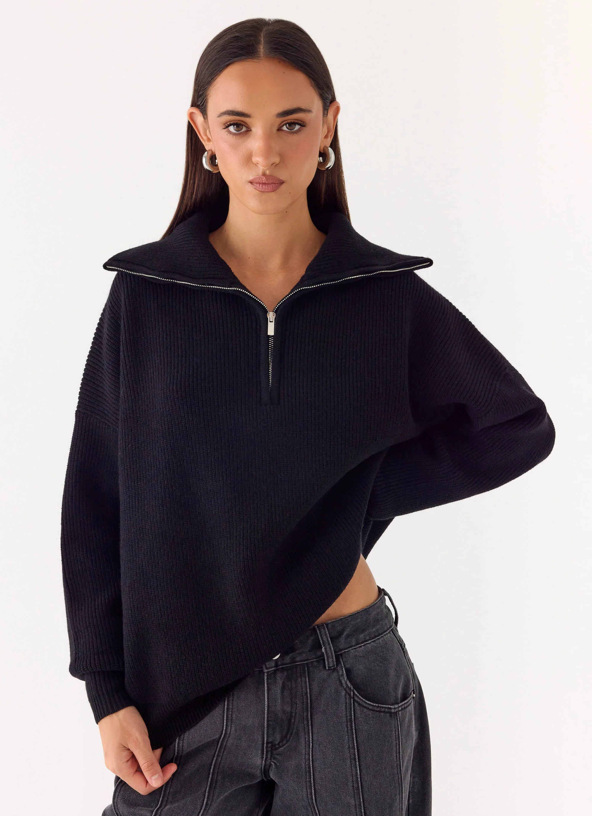 Eirena Quarter Zip Knit Sweater - Black - Image 6