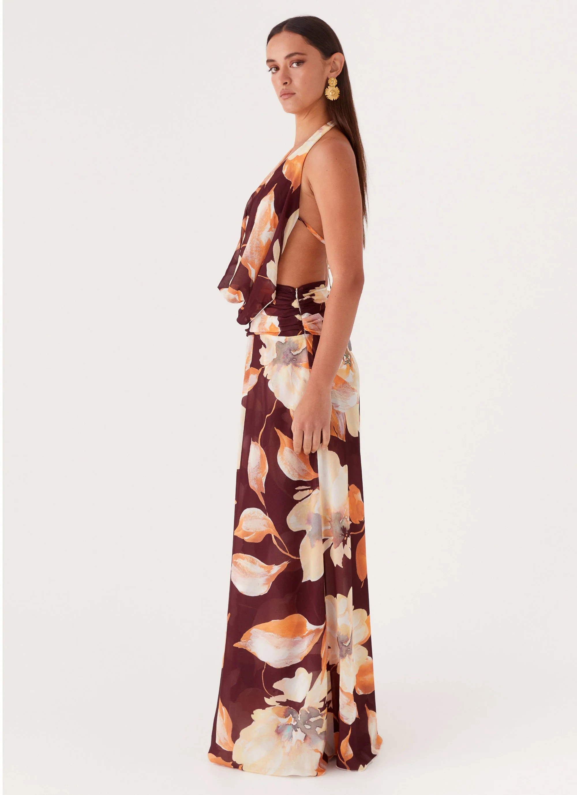 Elysia Chiffon Maxi Dress - Brown Floral - Image 4