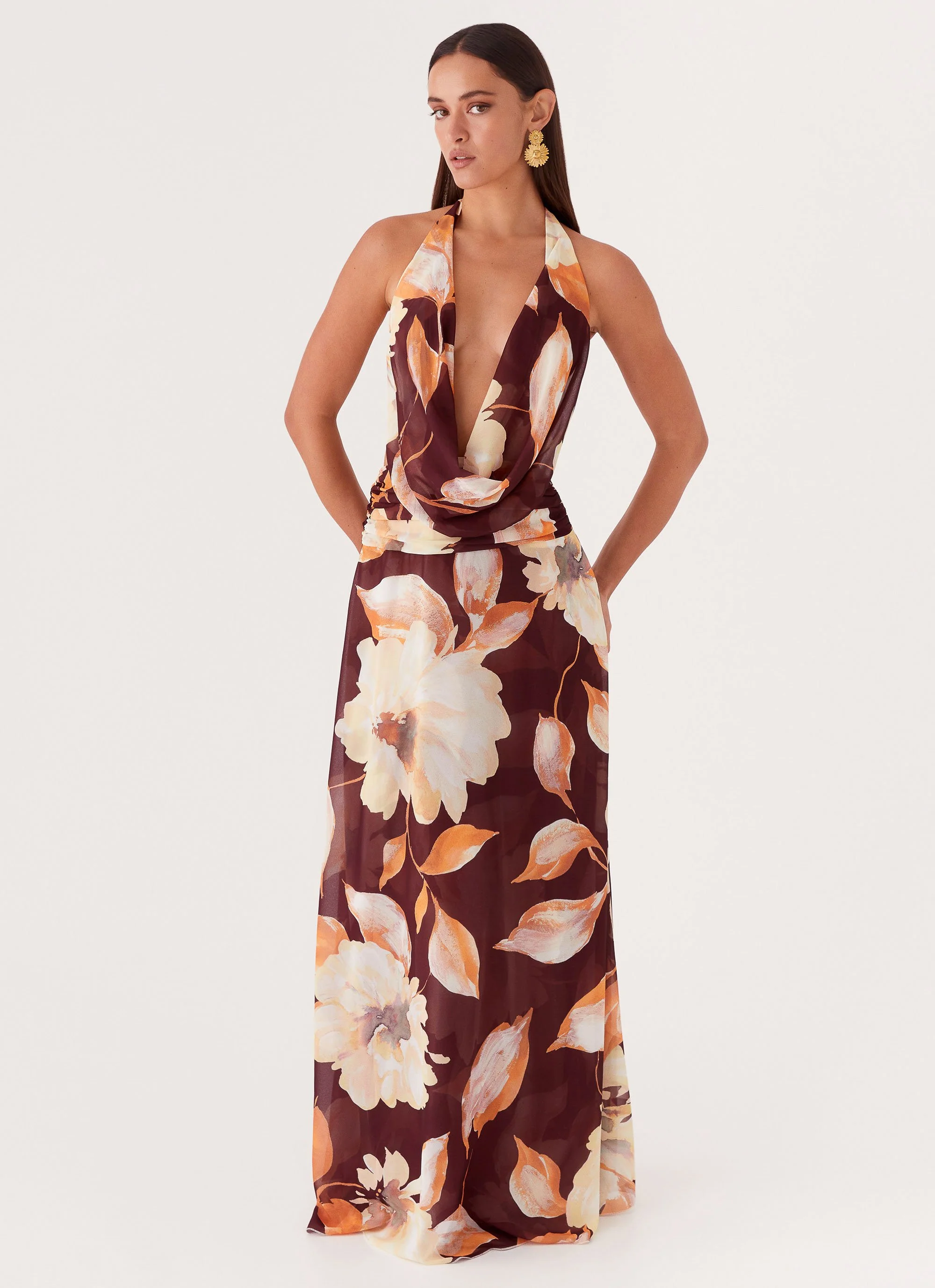Elysia Chiffon Maxi Dress - Brown Floral - Image 6