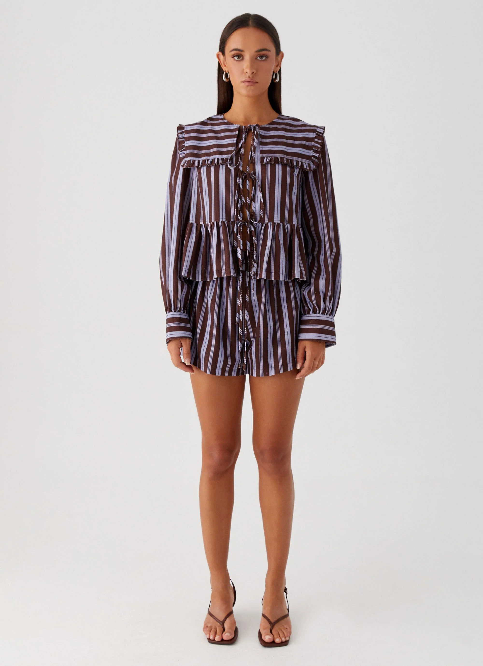 Emerson Tie Front Long Sleeve Top - Purple Brown Stripe - Image 3
