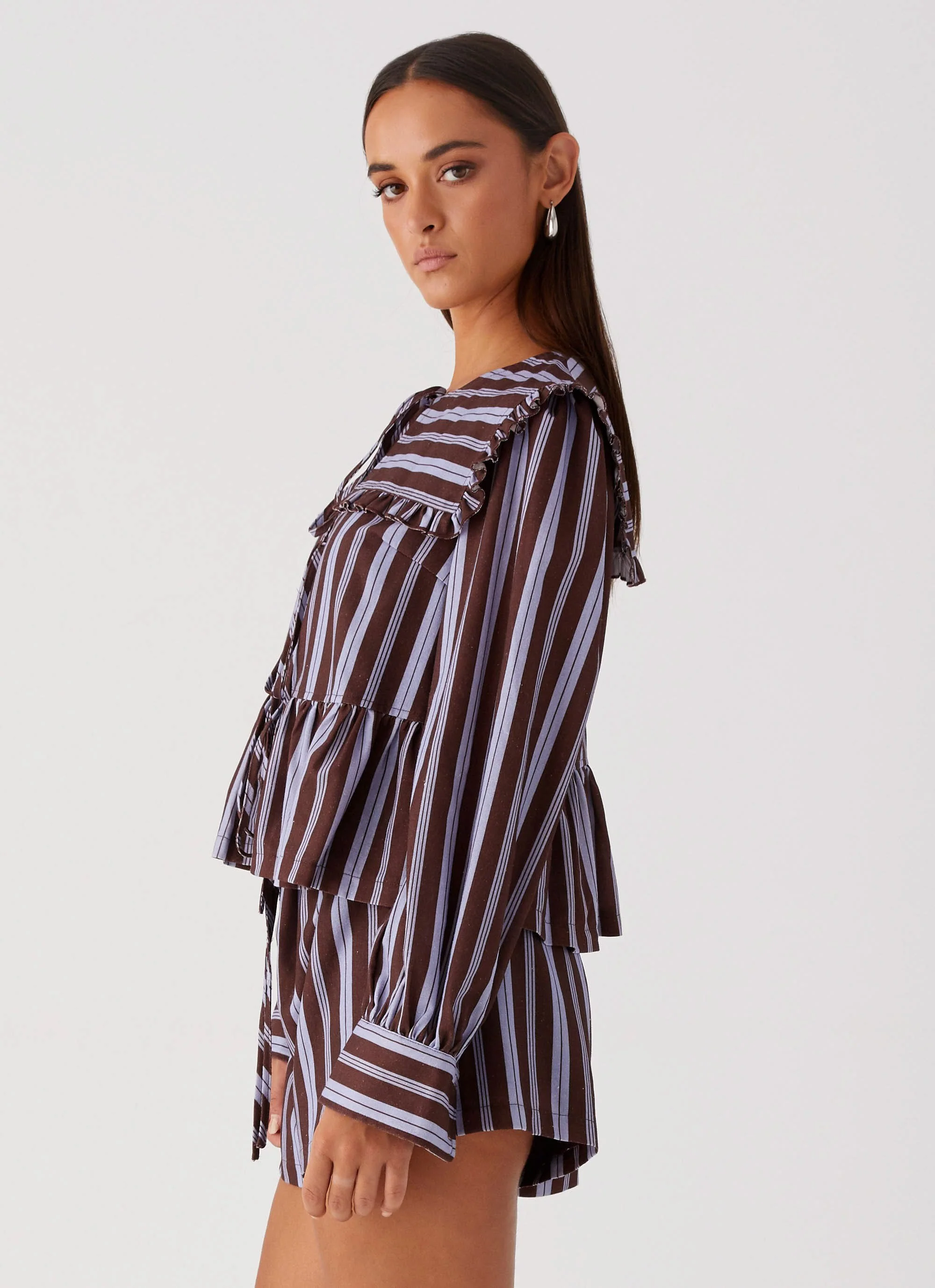 Emerson Tie Front Long Sleeve Top - Purple Brown Stripe - Image 4
