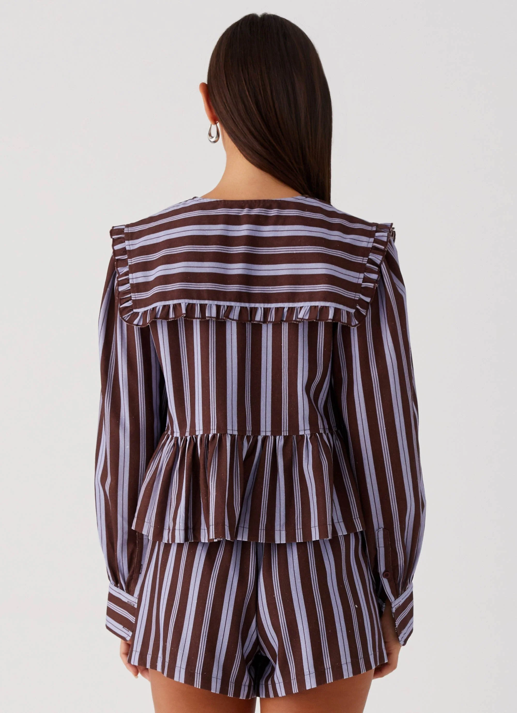 Emerson Tie Front Long Sleeve Top - Purple Brown Stripe - Image 5