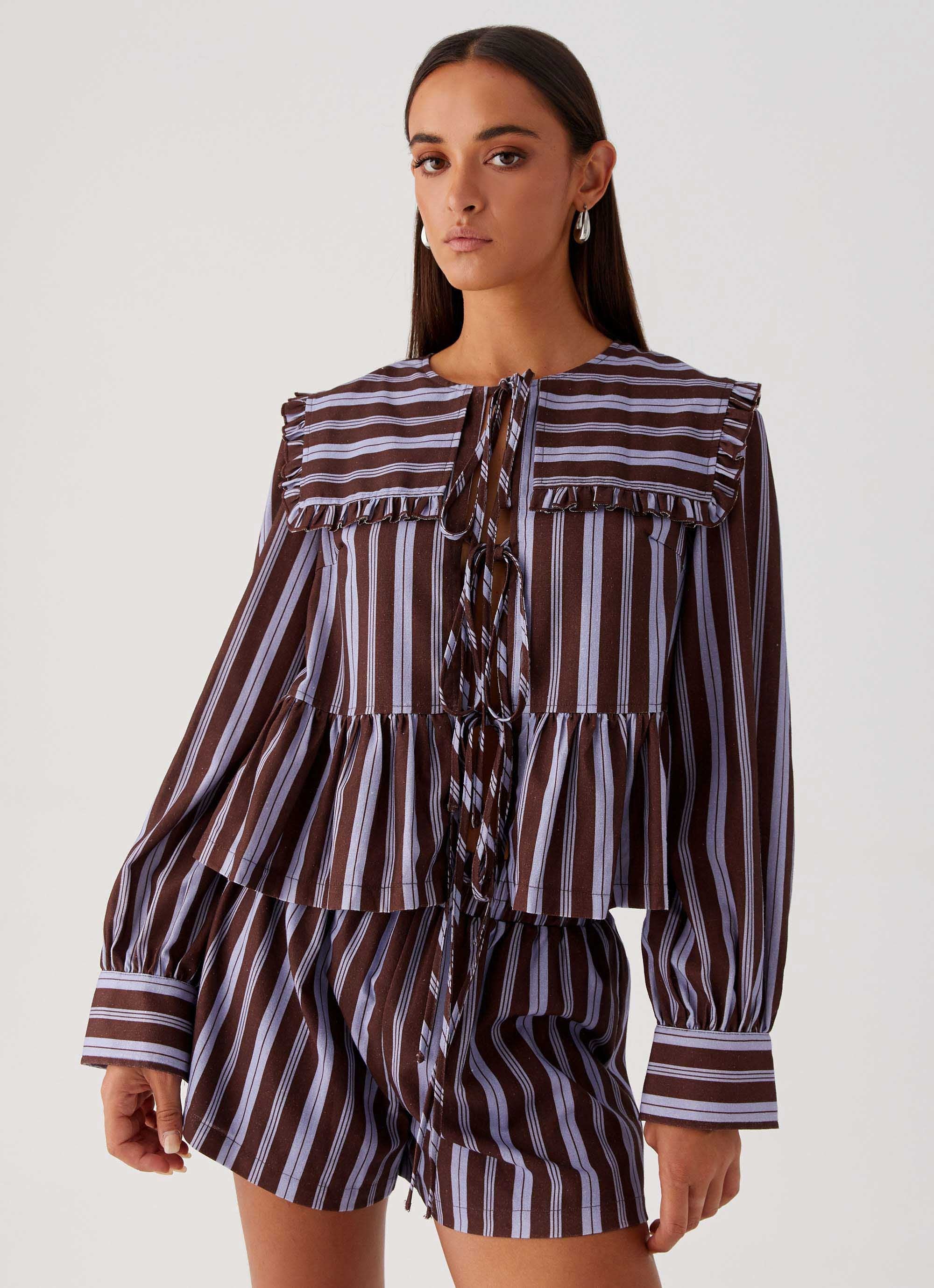Emerson Tie Front Long Sleeve Top - Purple Brown Stripe - Image 6