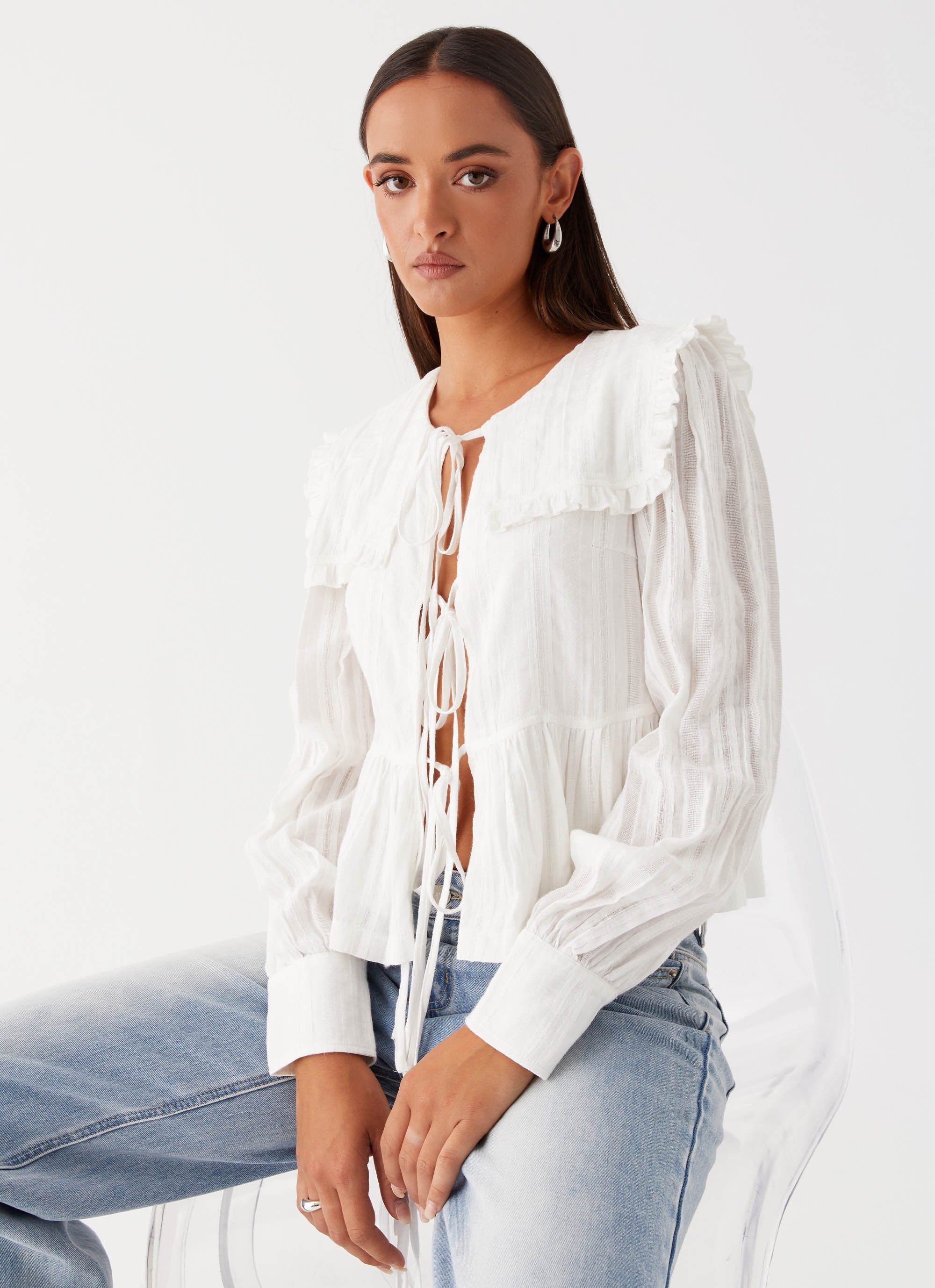 Emerson Tie Front Long Sleeve Top - White - Image 5