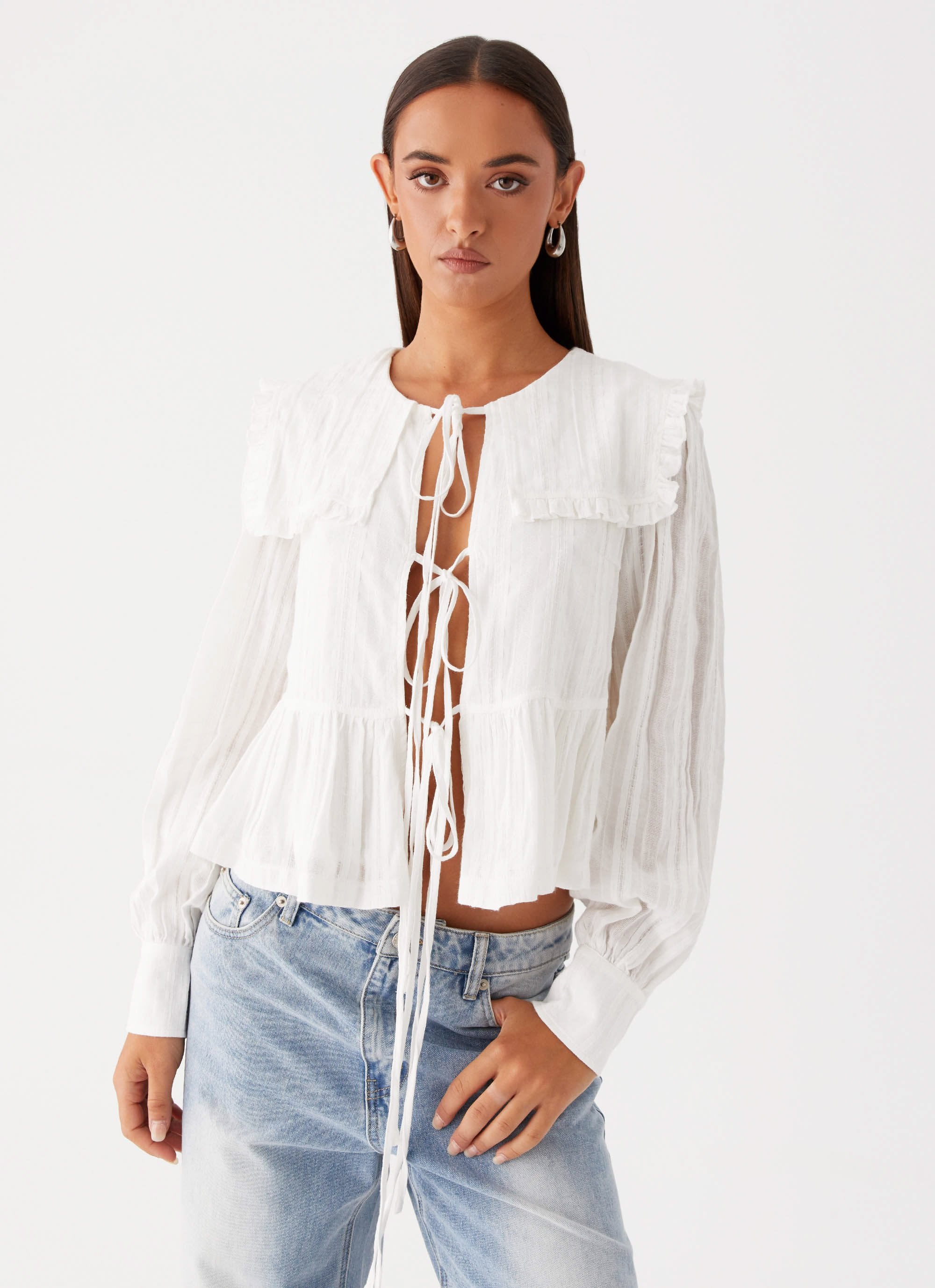 Emerson Tie Front Long Sleeve Top - White - Image 6