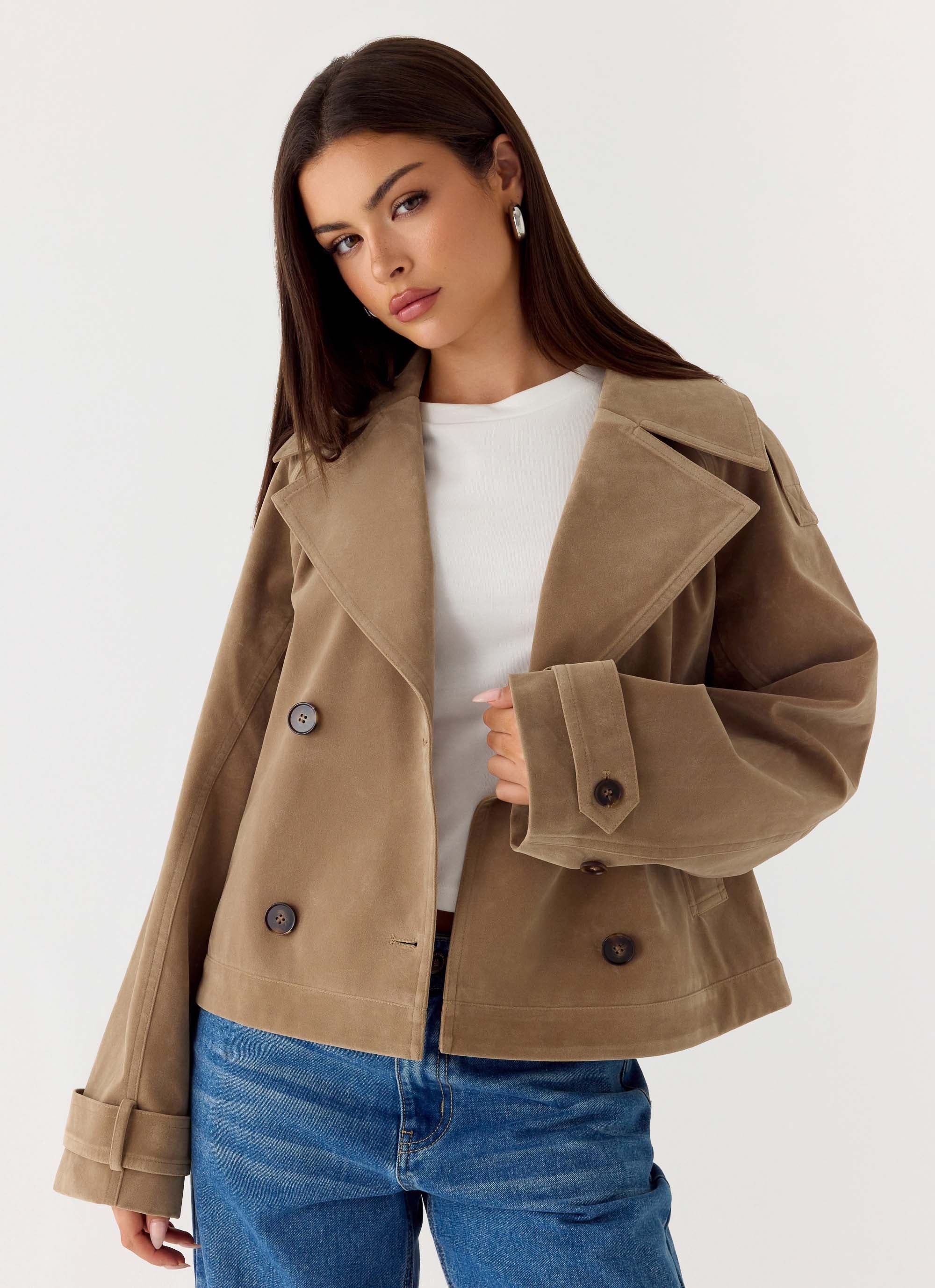 Evan Faux Suede Short Trench Jacket - Tan - Image 2