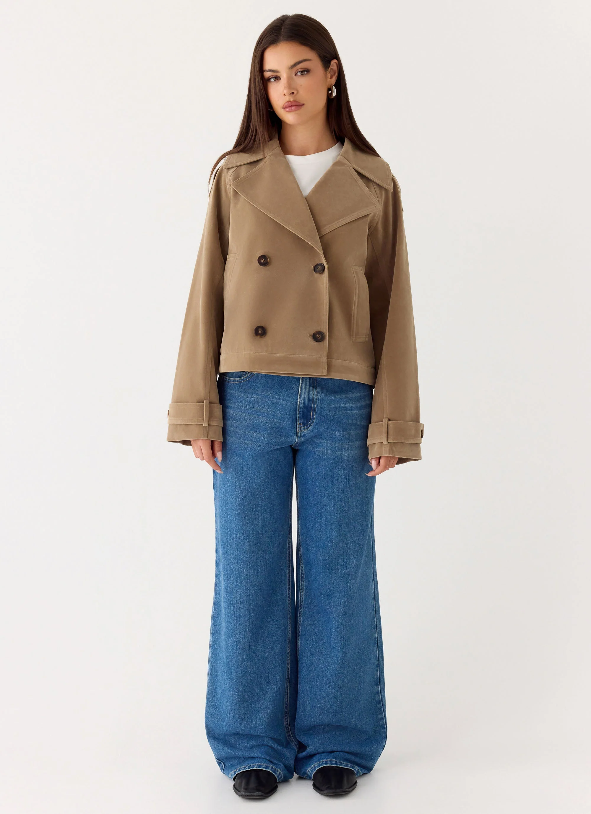 Evan Faux Suede Short Trench Jacket - Tan - Image 3