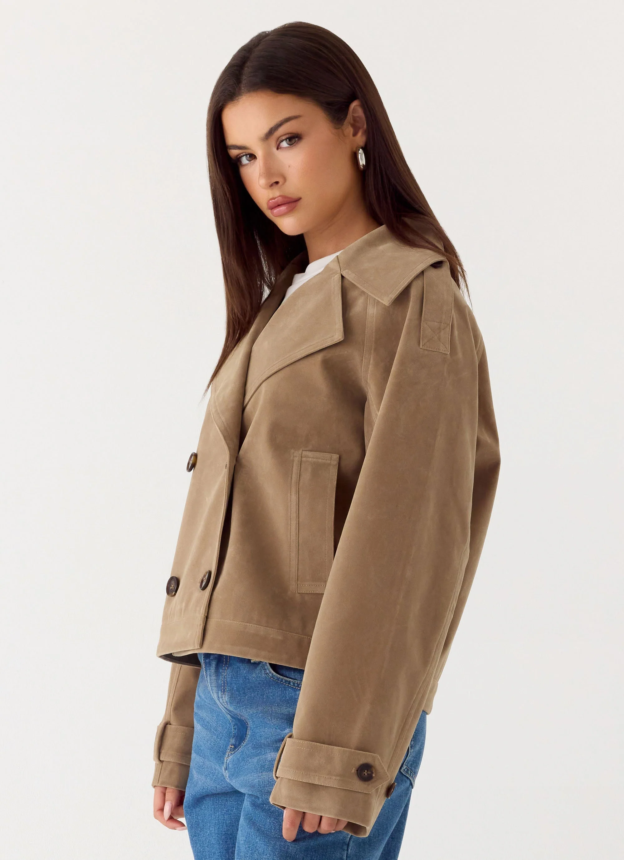 Evan Faux Suede Short Trench Jacket - Tan - Image 4