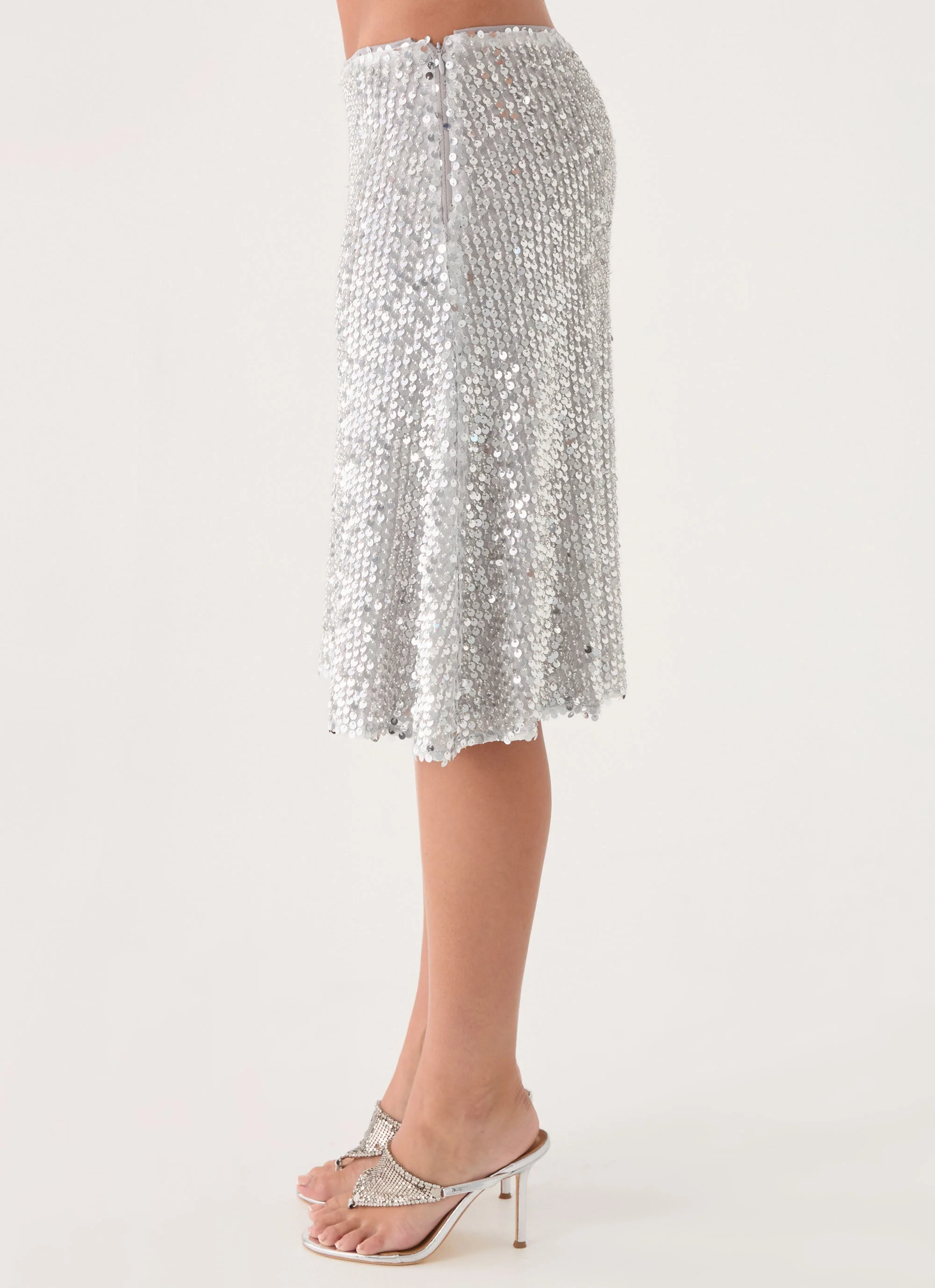 Evodia Sequin Midi Skirt - Silver - Image 3