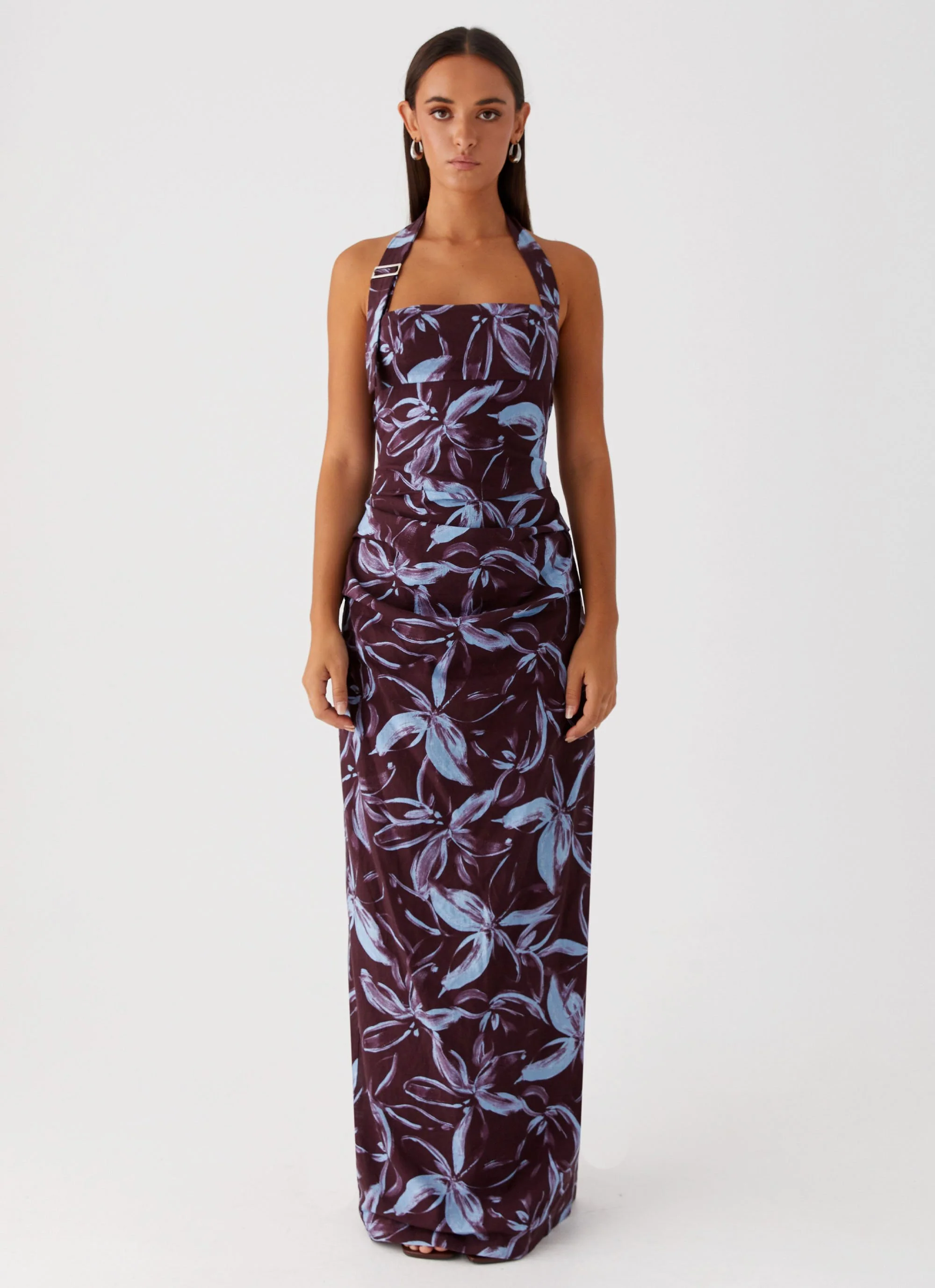 Fauna Halter Maxi Dress - Brown Purple Floral - Image 2