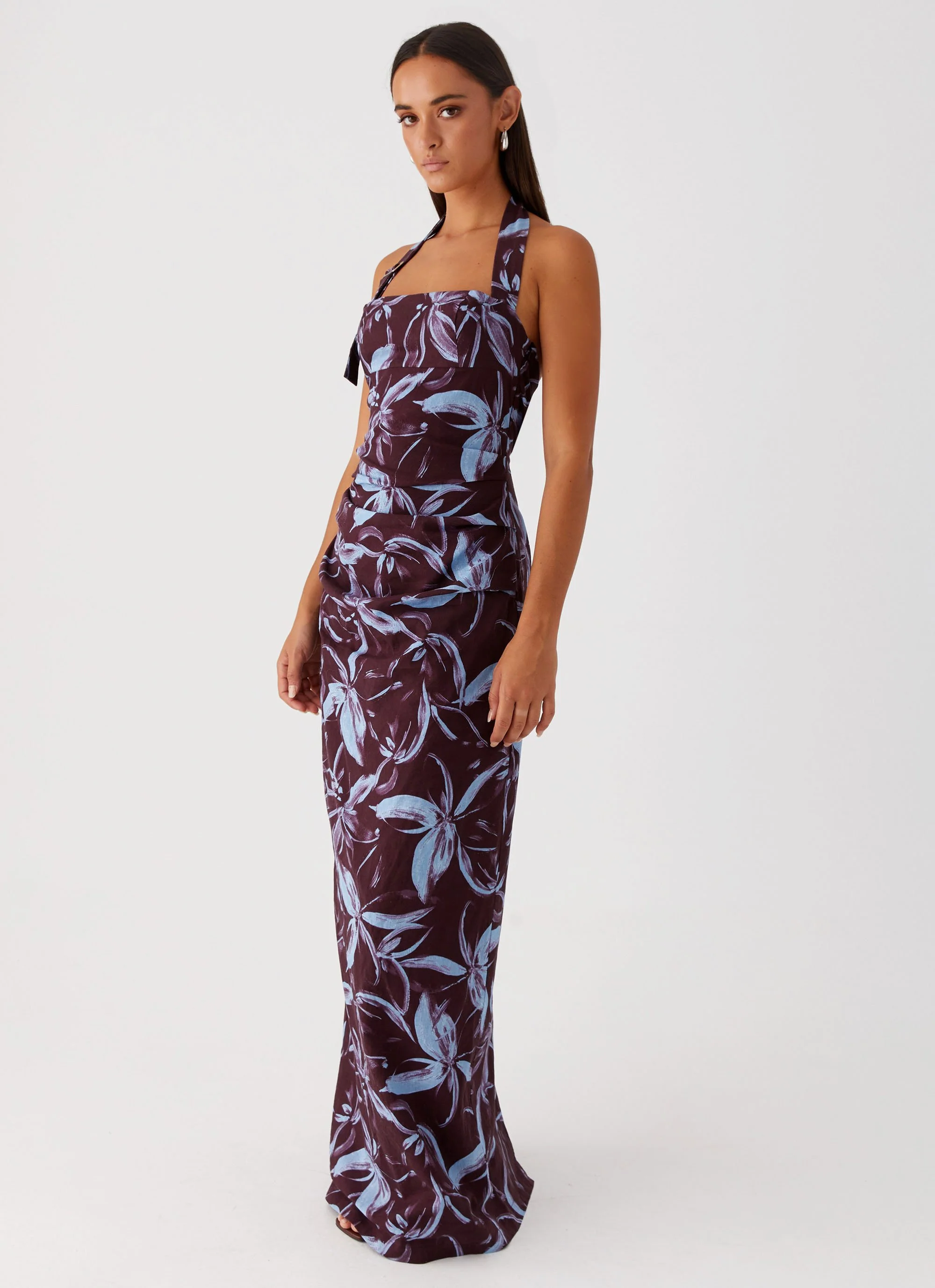 Fauna Halter Maxi Dress - Brown Purple Floral - Image 5