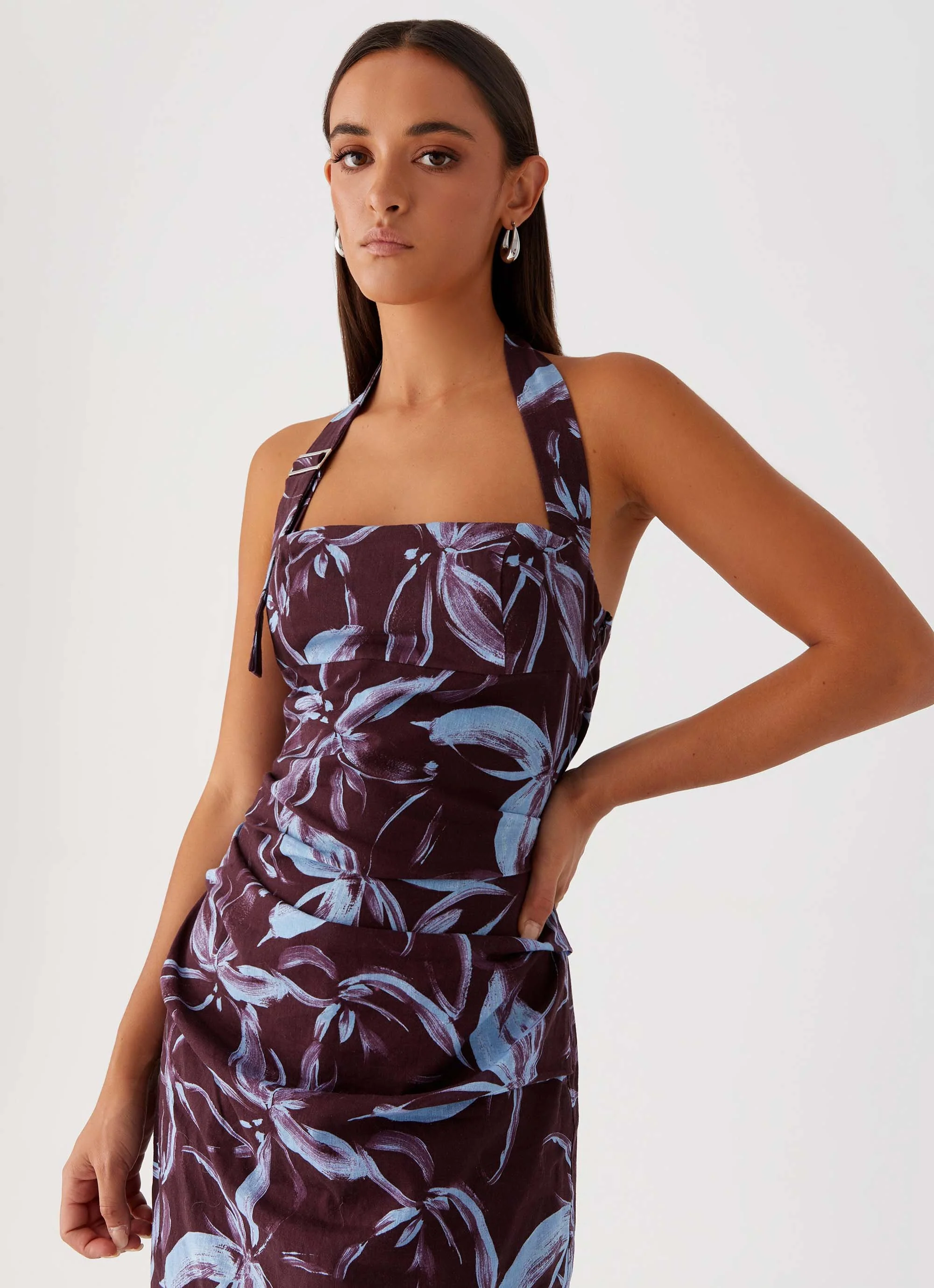 Fauna Halter Maxi Dress - Brown Purple Floral - Image 6